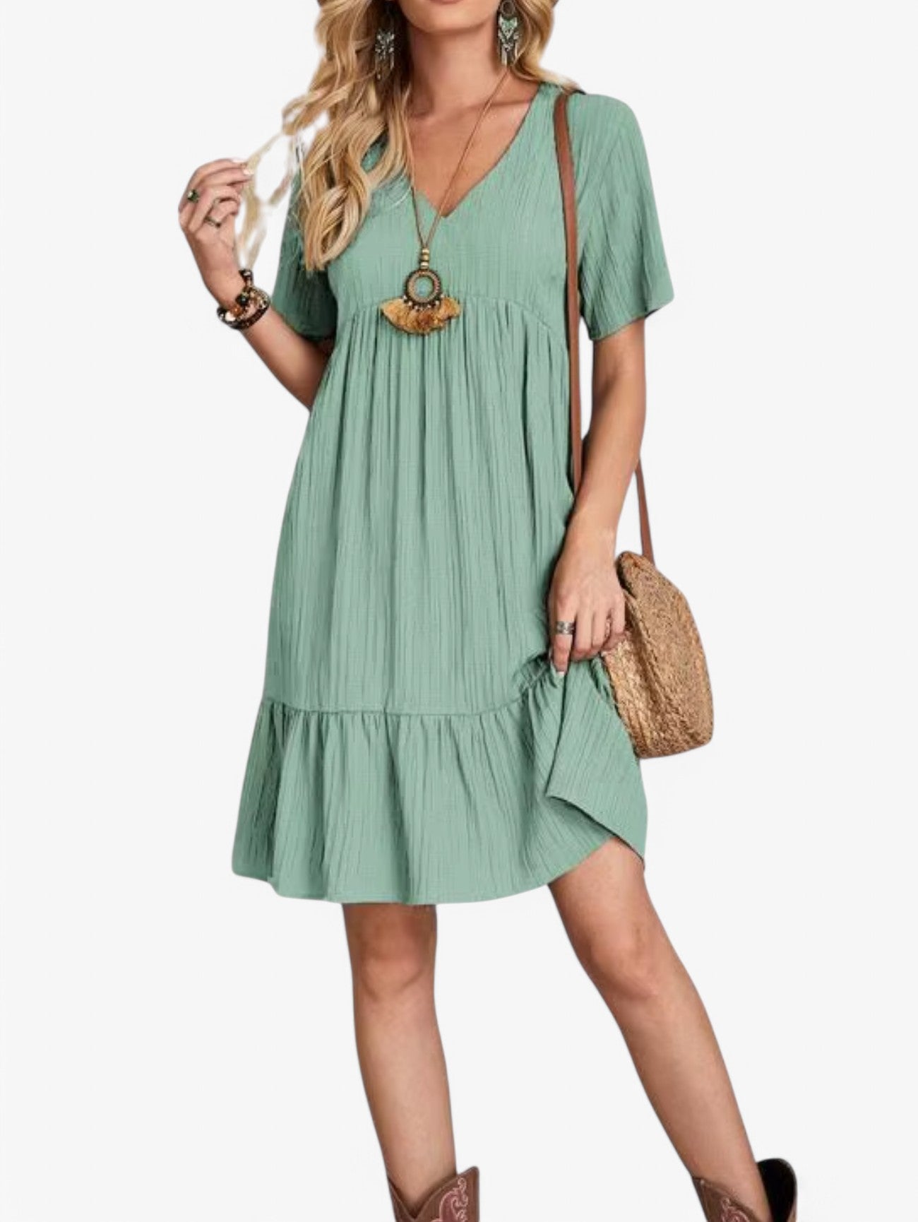 Jada | Women's Boho Pleated V-Neck Short Sleeve Summer Mini Dress