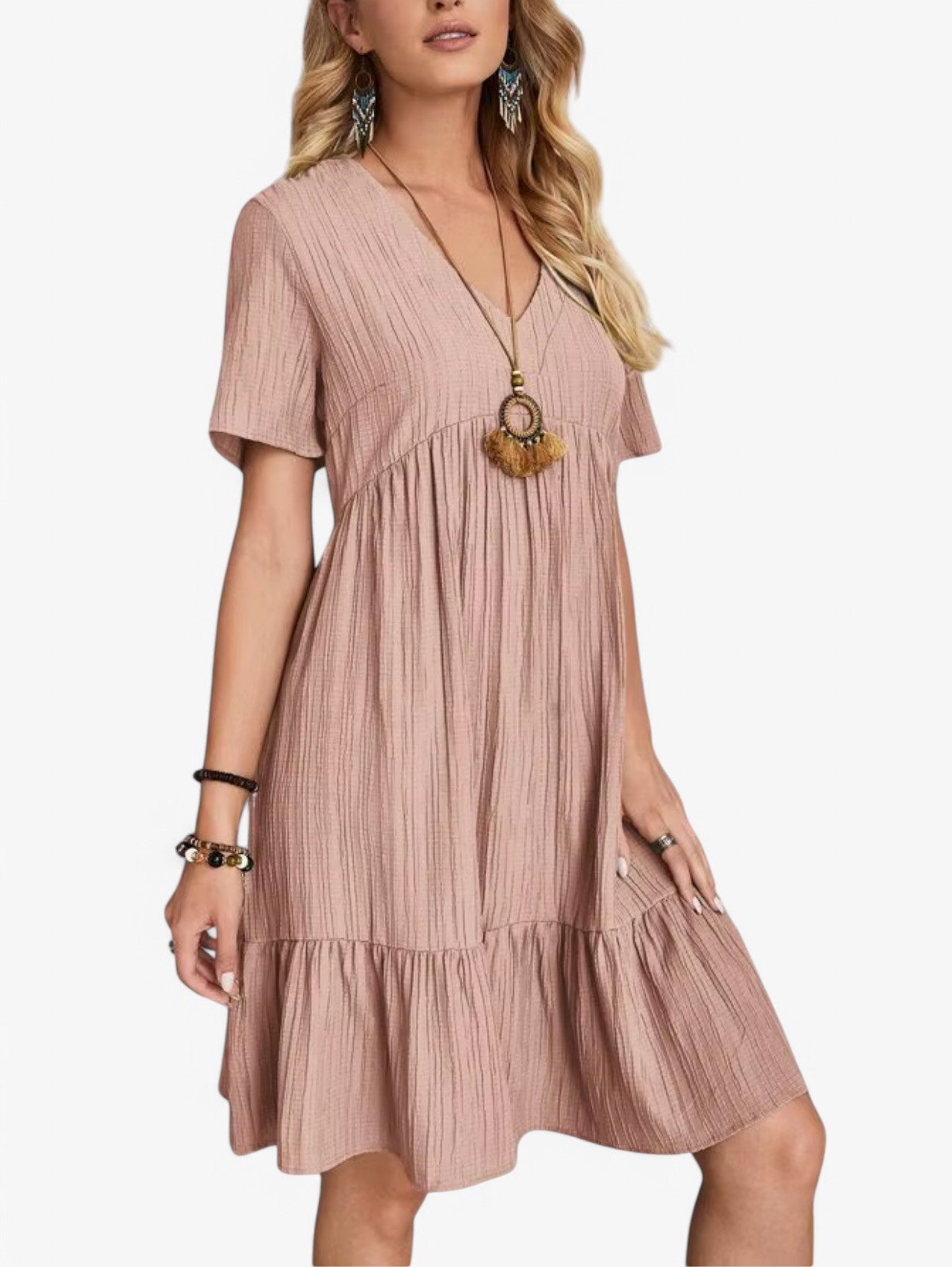 Jada | Women's Boho Pleated V-Neck Short Sleeve Summer Mini Dress
