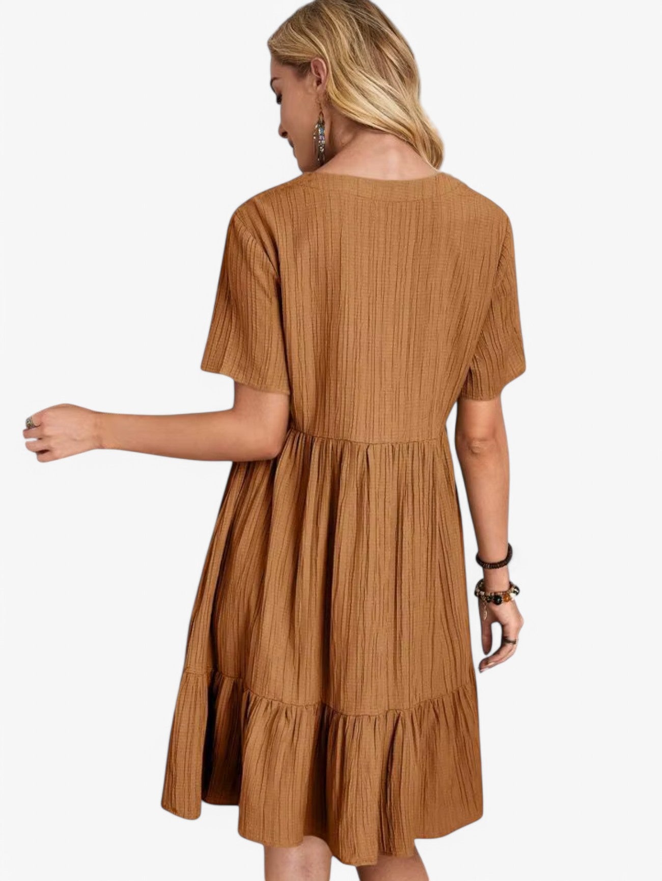 Jada | Women's Boho Pleated V-Neck Short Sleeve Summer Mini Dress