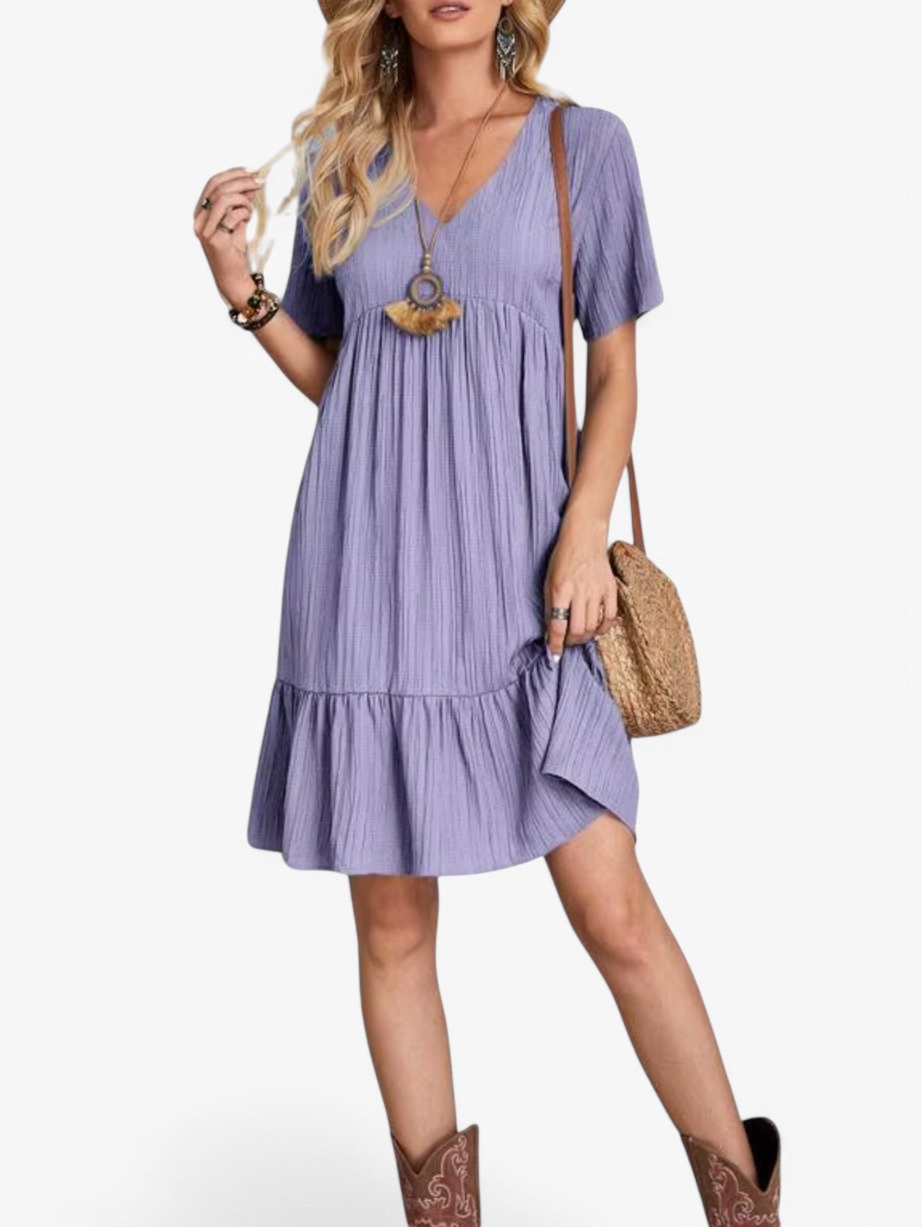 Jada | Women's Boho Pleated V-Neck Short Sleeve Summer Mini Dress