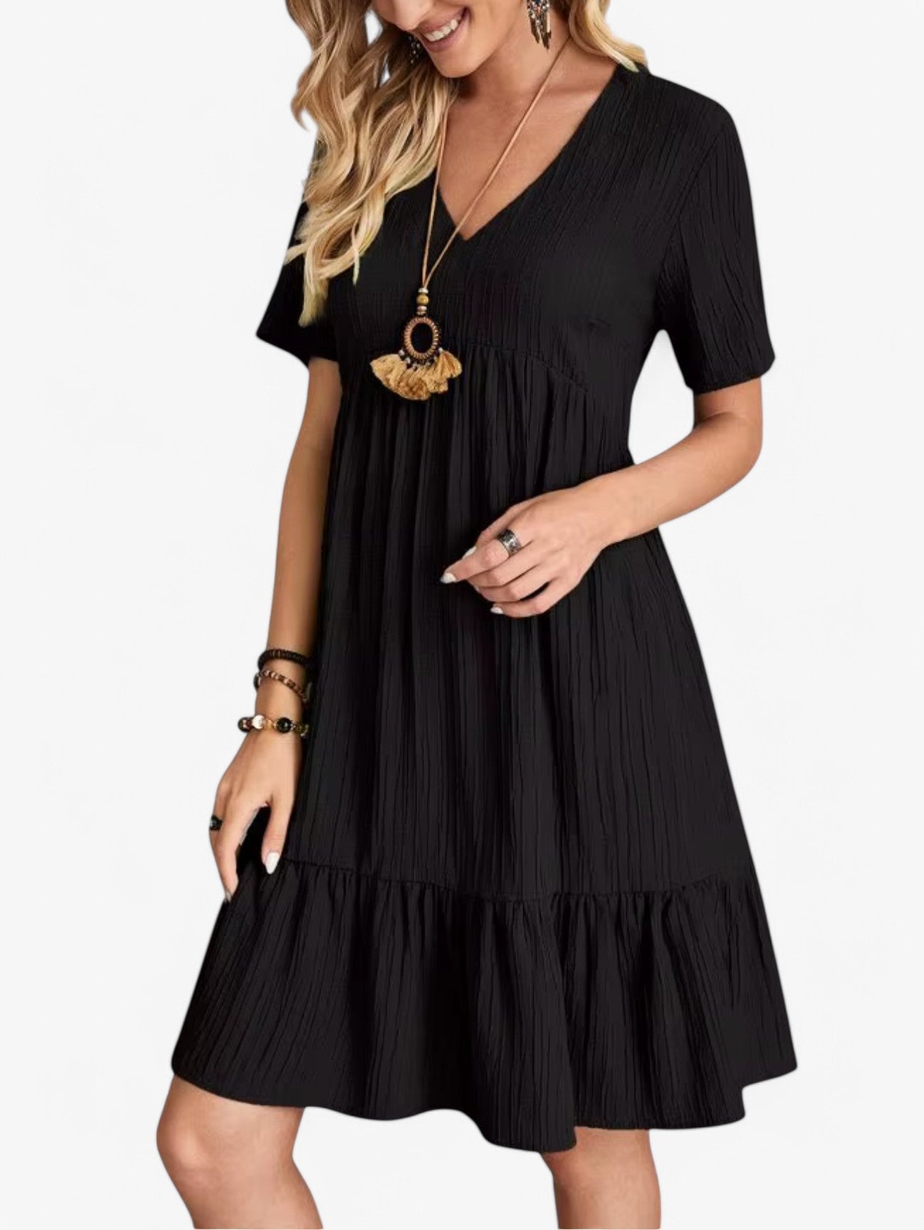 Jada | Women's Boho Pleated V-Neck Short Sleeve Summer Mini Dress