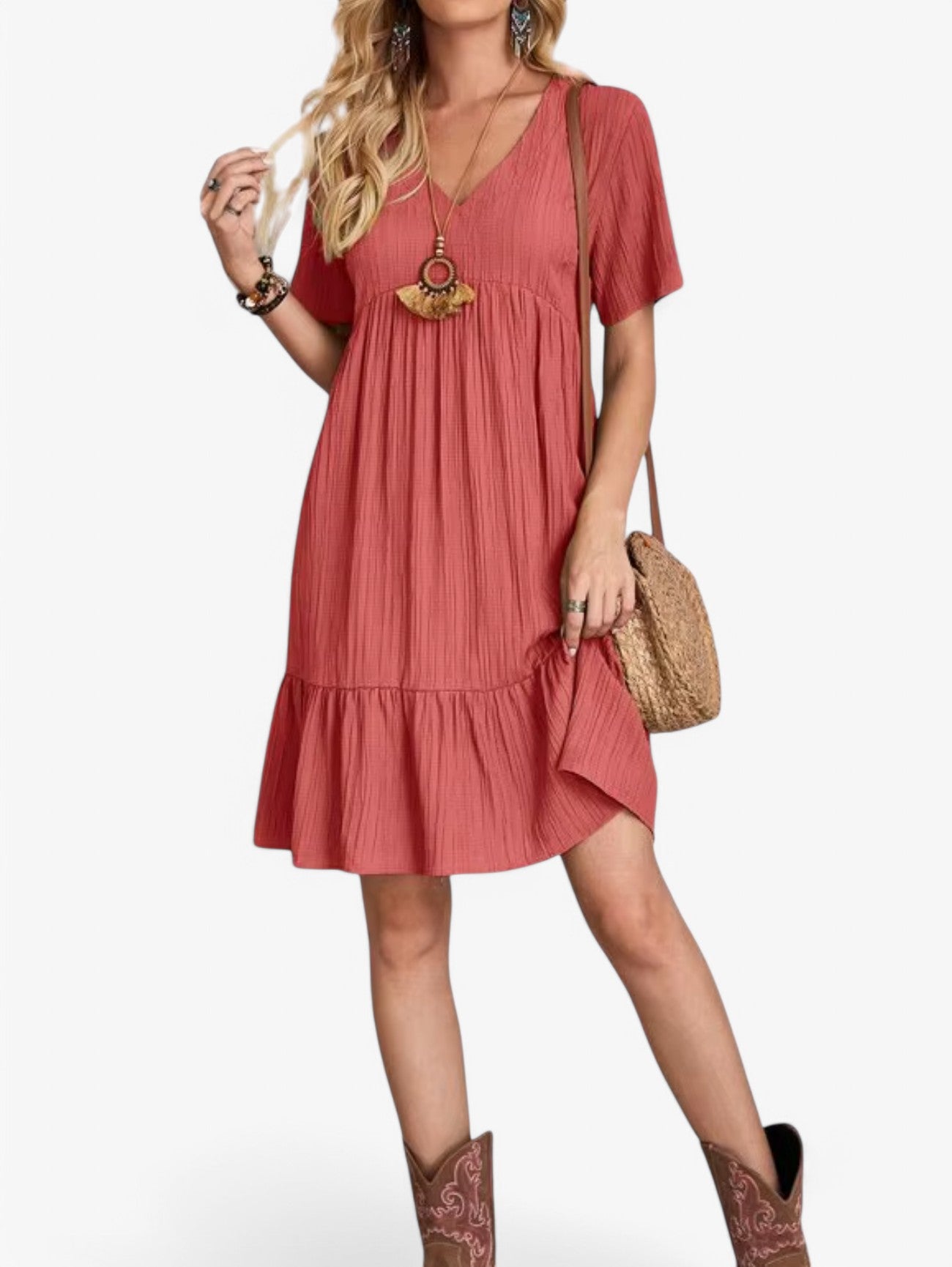 Jada | Women's Boho Pleated V-Neck Short Sleeve Summer Mini Dress