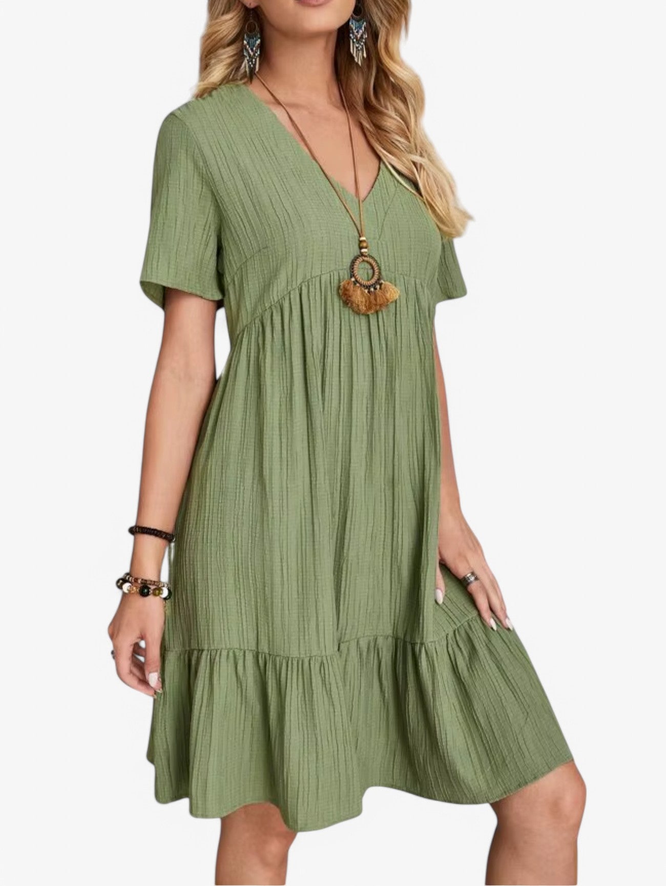Jada | Women's Boho Pleated V-Neck Short Sleeve Summer Mini Dress