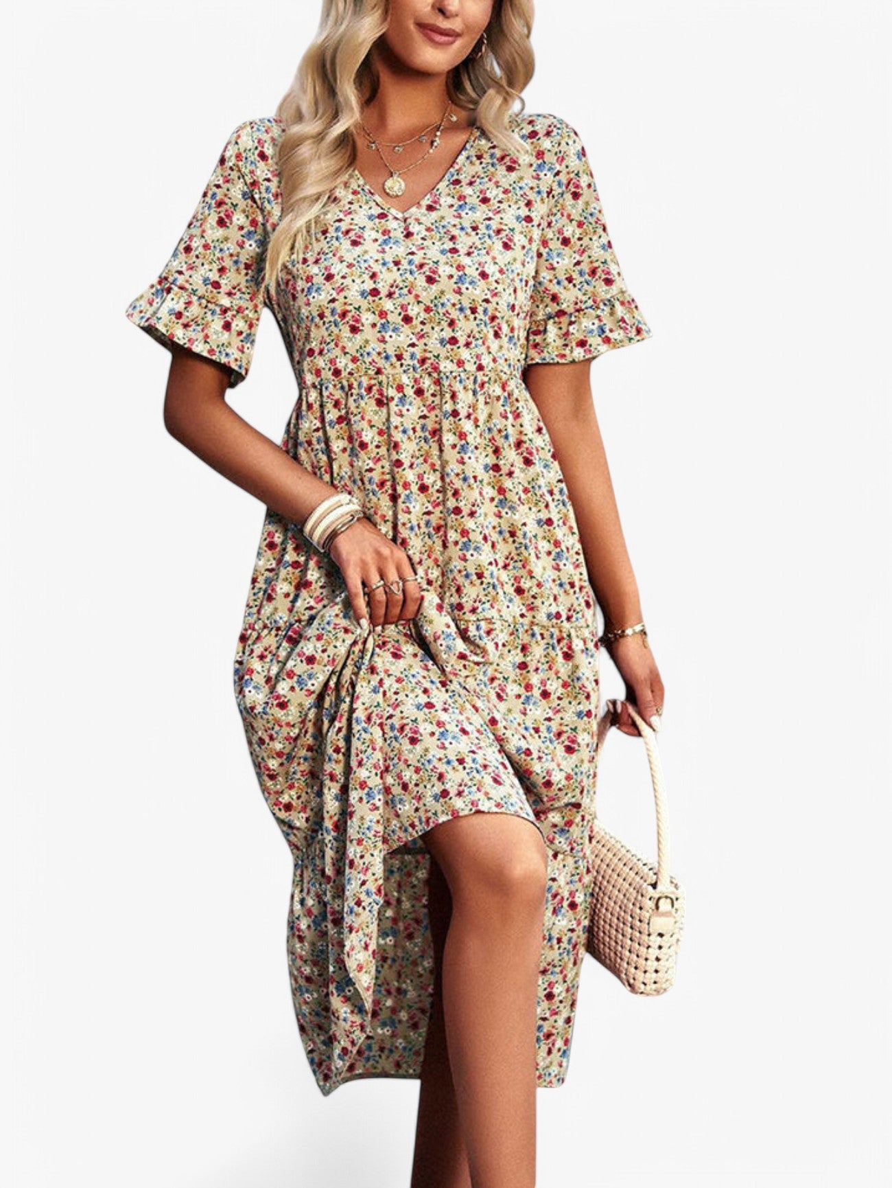 Jada | Women's Fancy Floral V-Neck Short Sleeve Summer Midi Dress