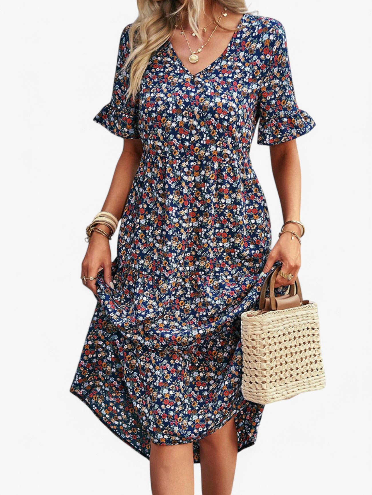 Jada | Women's Fancy Floral V-Neck Short Sleeve Summer Midi Dress