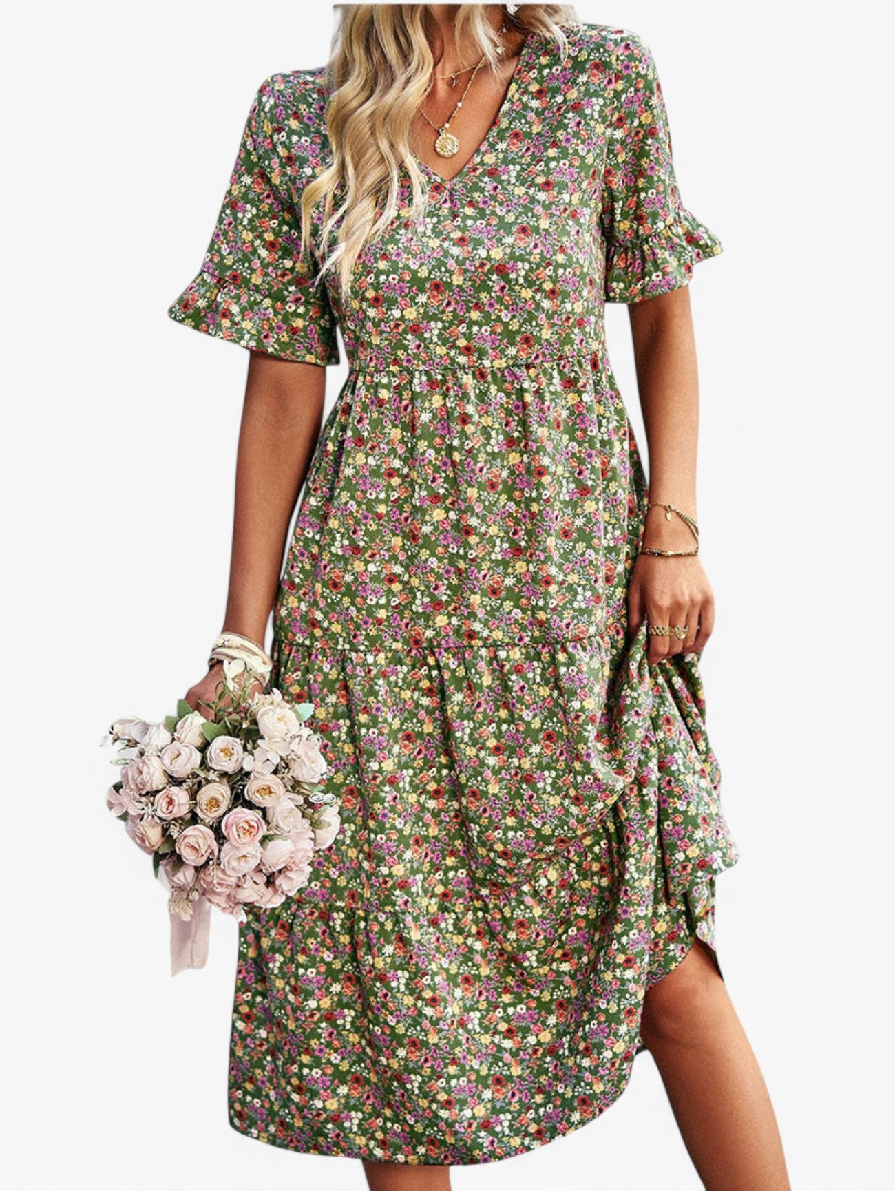 Jada | Women's Fancy Floral V-Neck Short Sleeve Summer Midi Dress