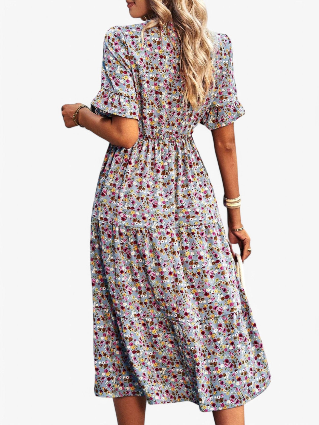 Jada | Women's Fancy Floral V-Neck Short Sleeve Summer Midi Dress