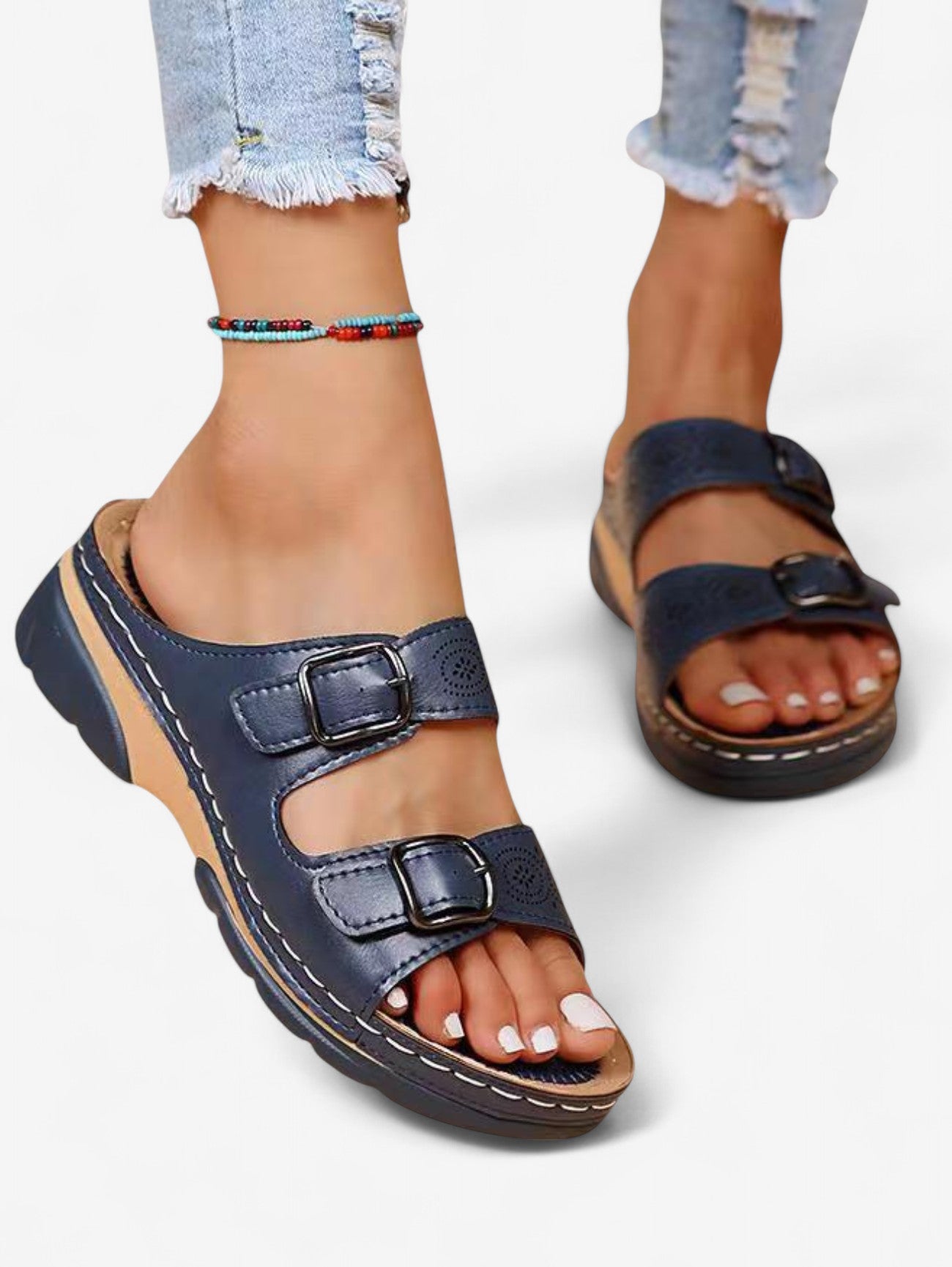 Jada | Women's Double Buckle Slip On Wedge Sandals