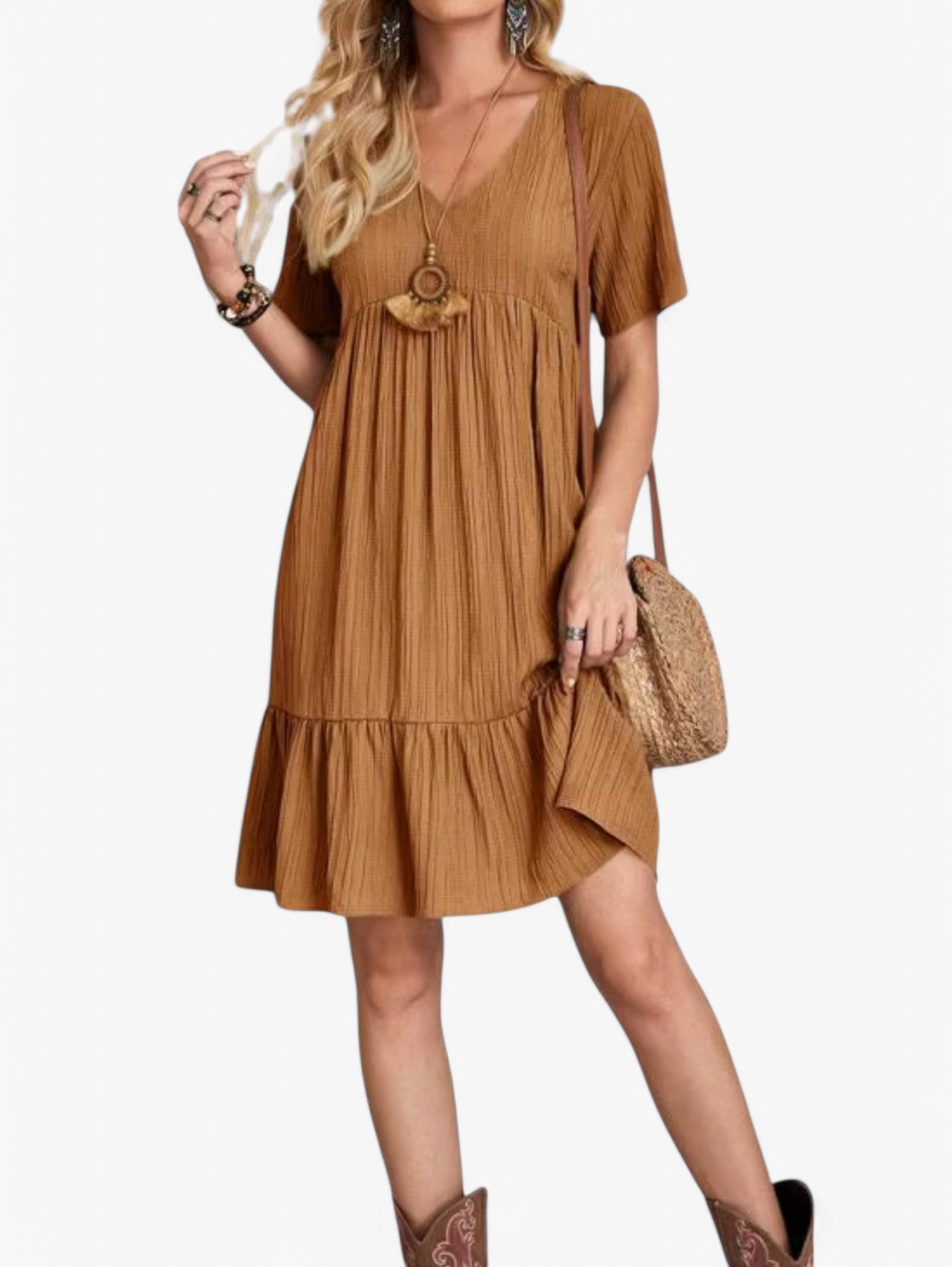 Jada | Women's Boho Pleated V-Neck Short Sleeve Summer Mini Dress