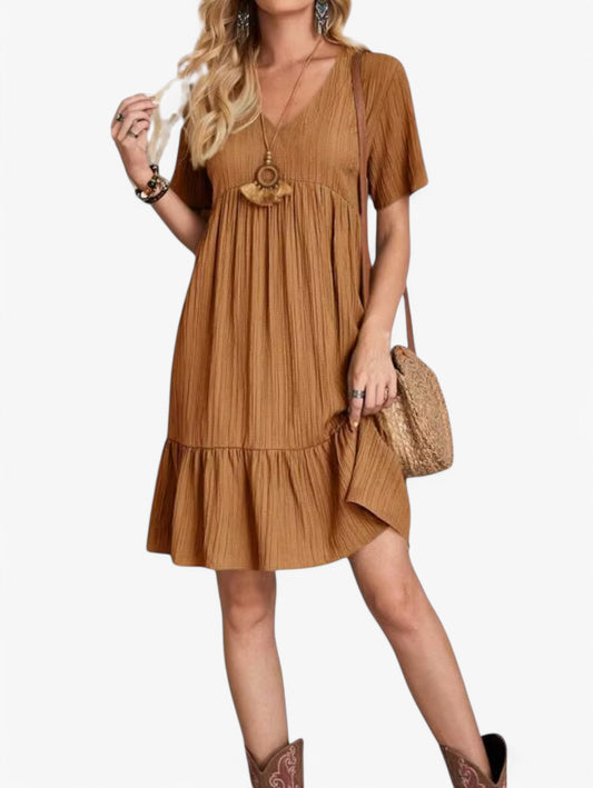 Jada | Women's Boho Pleated V-Neck Short Sleeve Summer Mini Dress