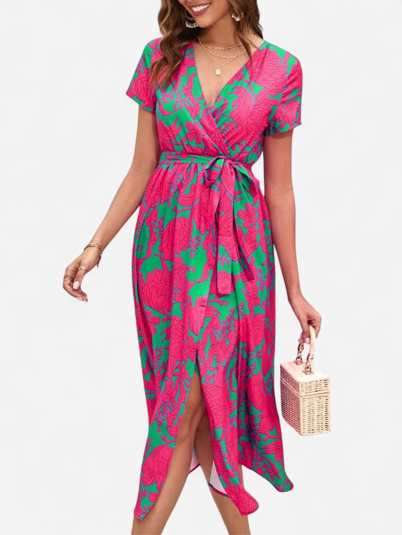 Jada | Women's Boho Wrap Wedding guest Midi Dress with Split