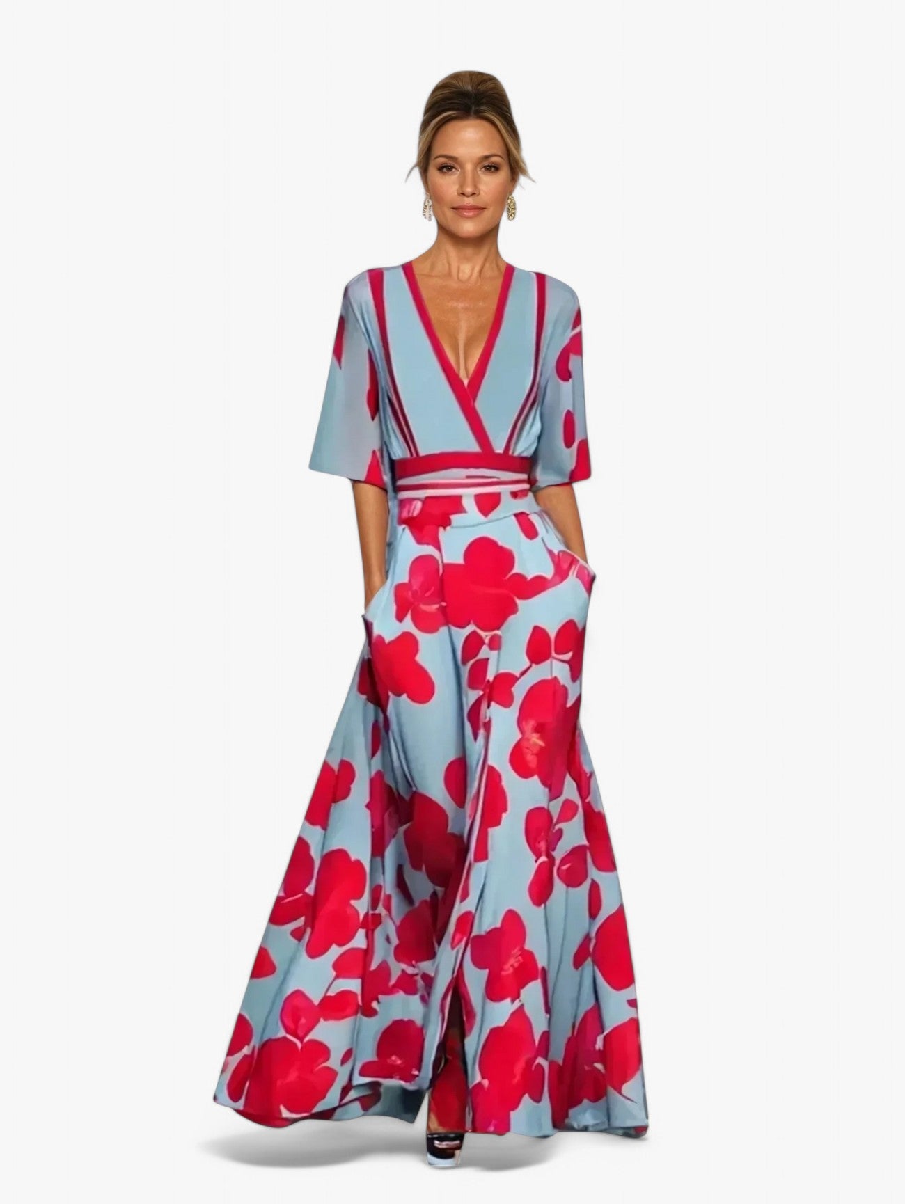 Jada | Women's Floral V-Neck Short Sleeve Elegant Summer Maxi Dress
