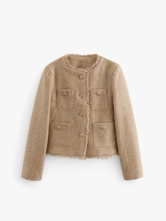 Jada | Women's Cropped Tweed Blazer Jacket Coat with Gold Buttons and Front Pockets