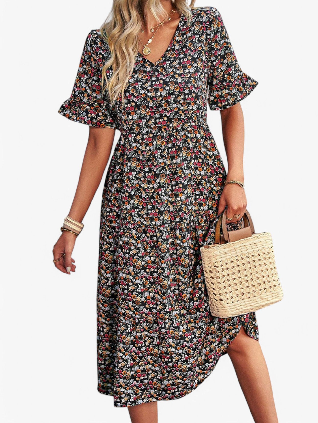 Jada | Women's Fancy Floral V-Neck Short Sleeve Summer Midi Dress