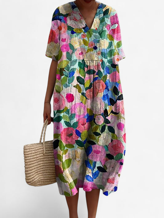 Jada | Women's Loose Fit V Neck Floral Midi Dress