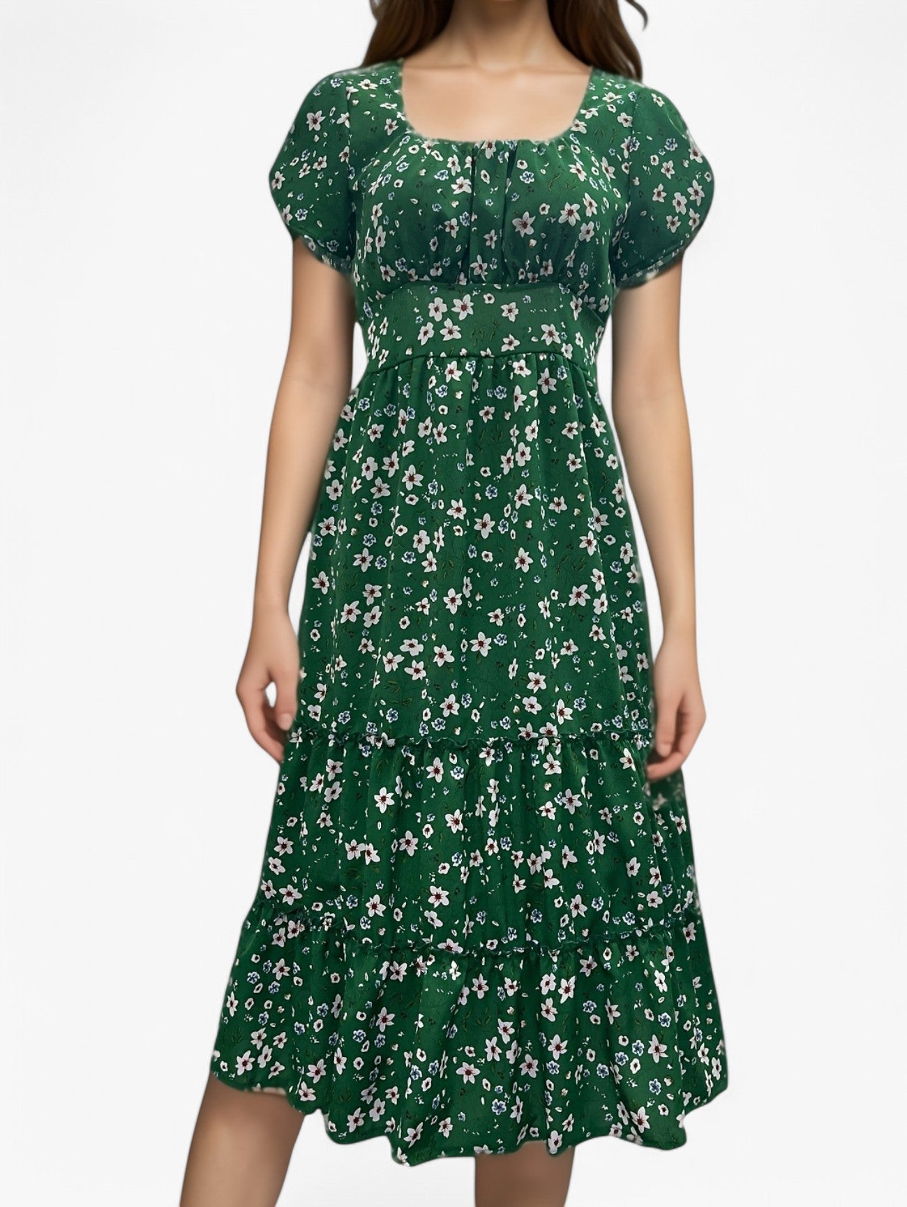 Jada | Women's Floral A-Line Square Neck Puff Summer Midi Dress