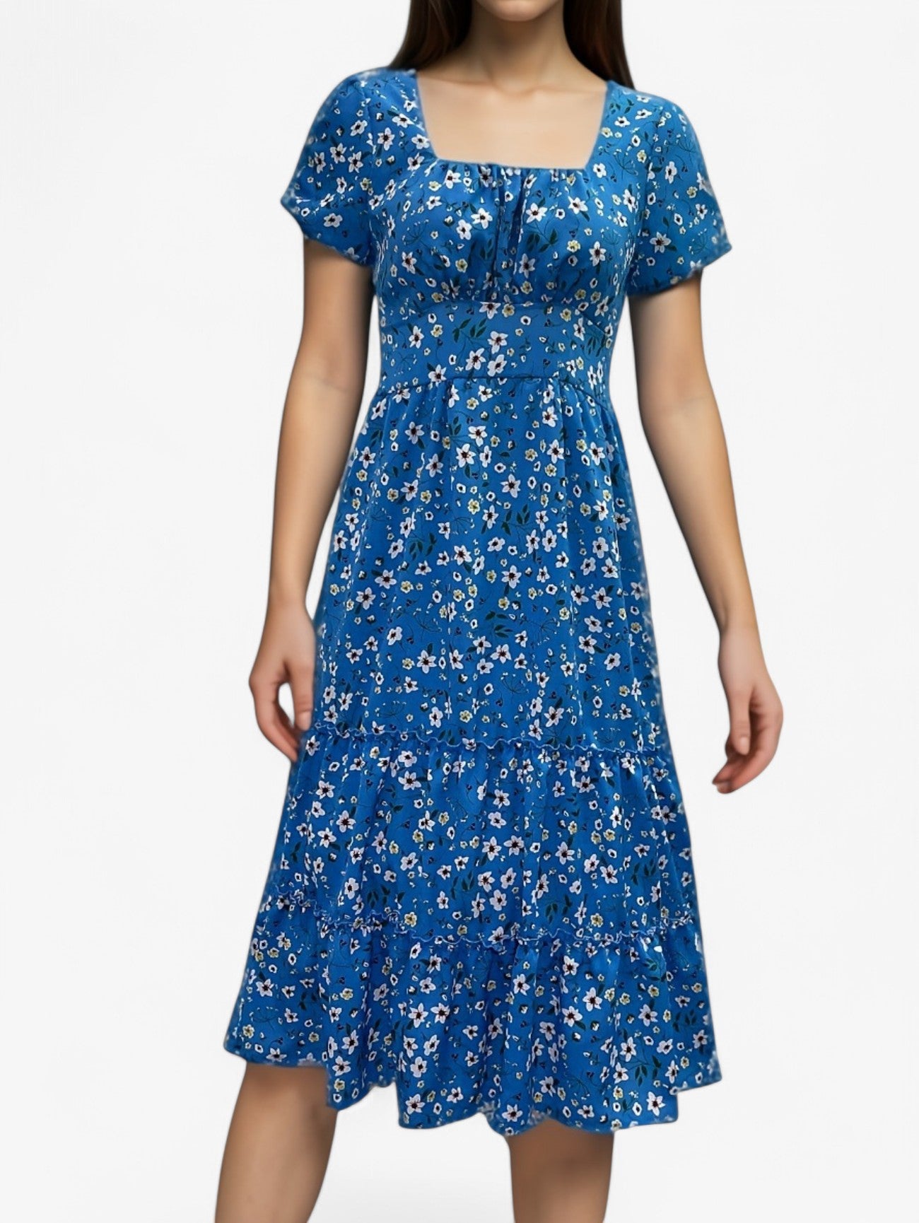 Jada | Women's Floral A-Line Square Neck Puff Summer Midi Dress