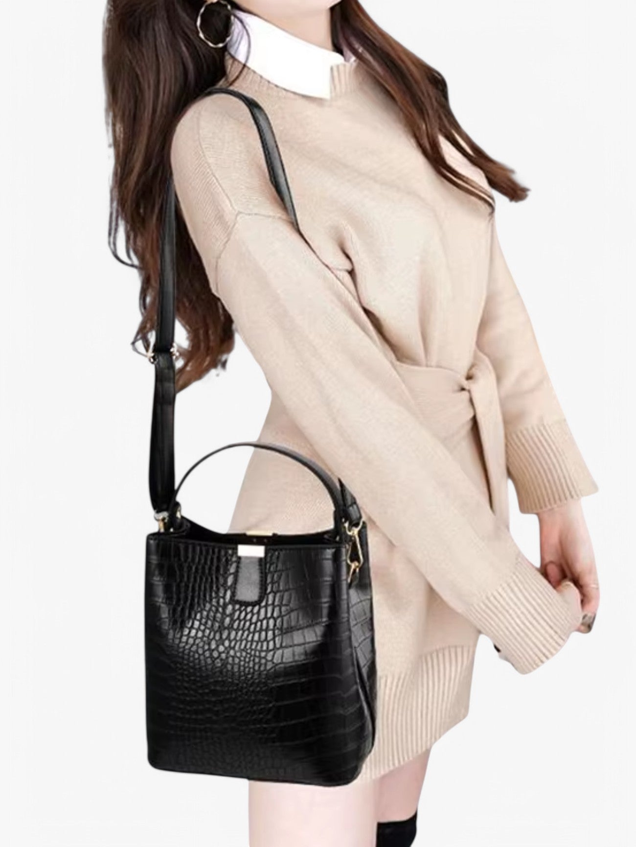 Jada | Women's Black Croc Big Shoulder Tote Bag Charm