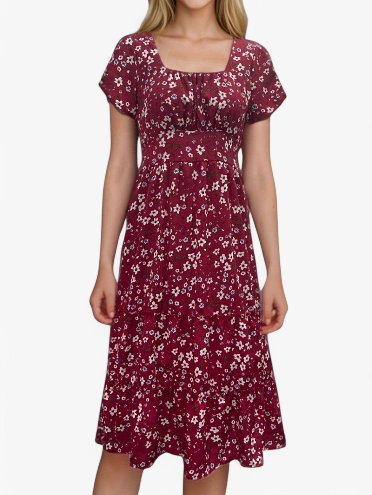 Jada | Women's Floral A-Line Square Neck Puff Summer Midi Dress