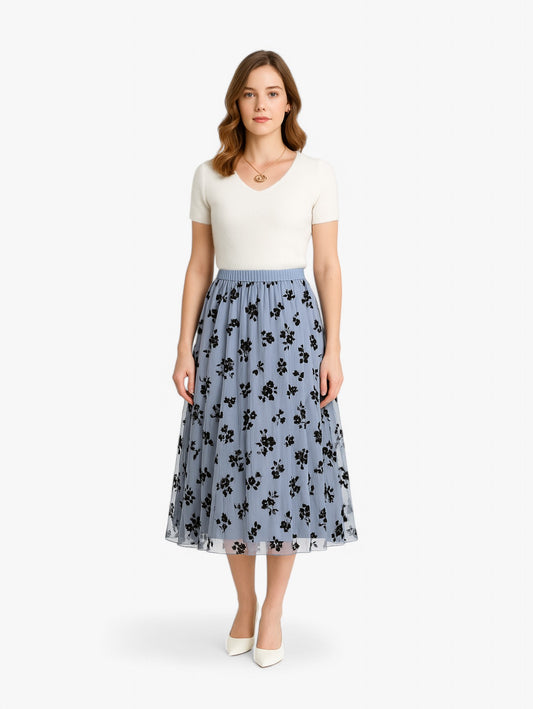 Jada | Women's Sheer Floral Mesh Pleated A-Line Skirt