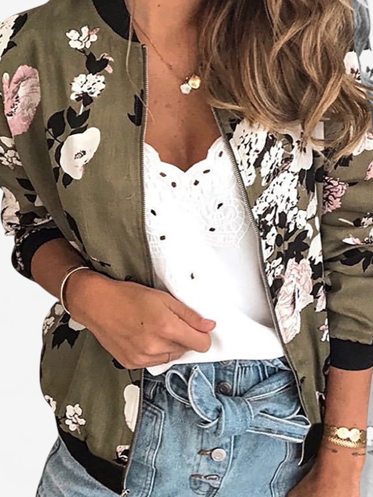 Jada | Women's Floral Zip Up Bomber Jacket Long Sleeve