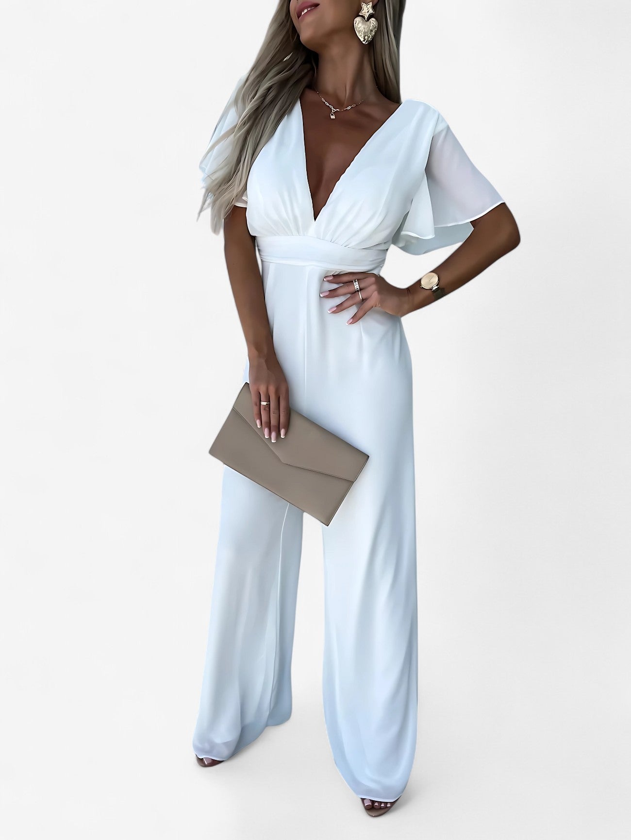 Jada | Women’s Casual V Neck Wide Leg Short Sleeve Jumpsuit