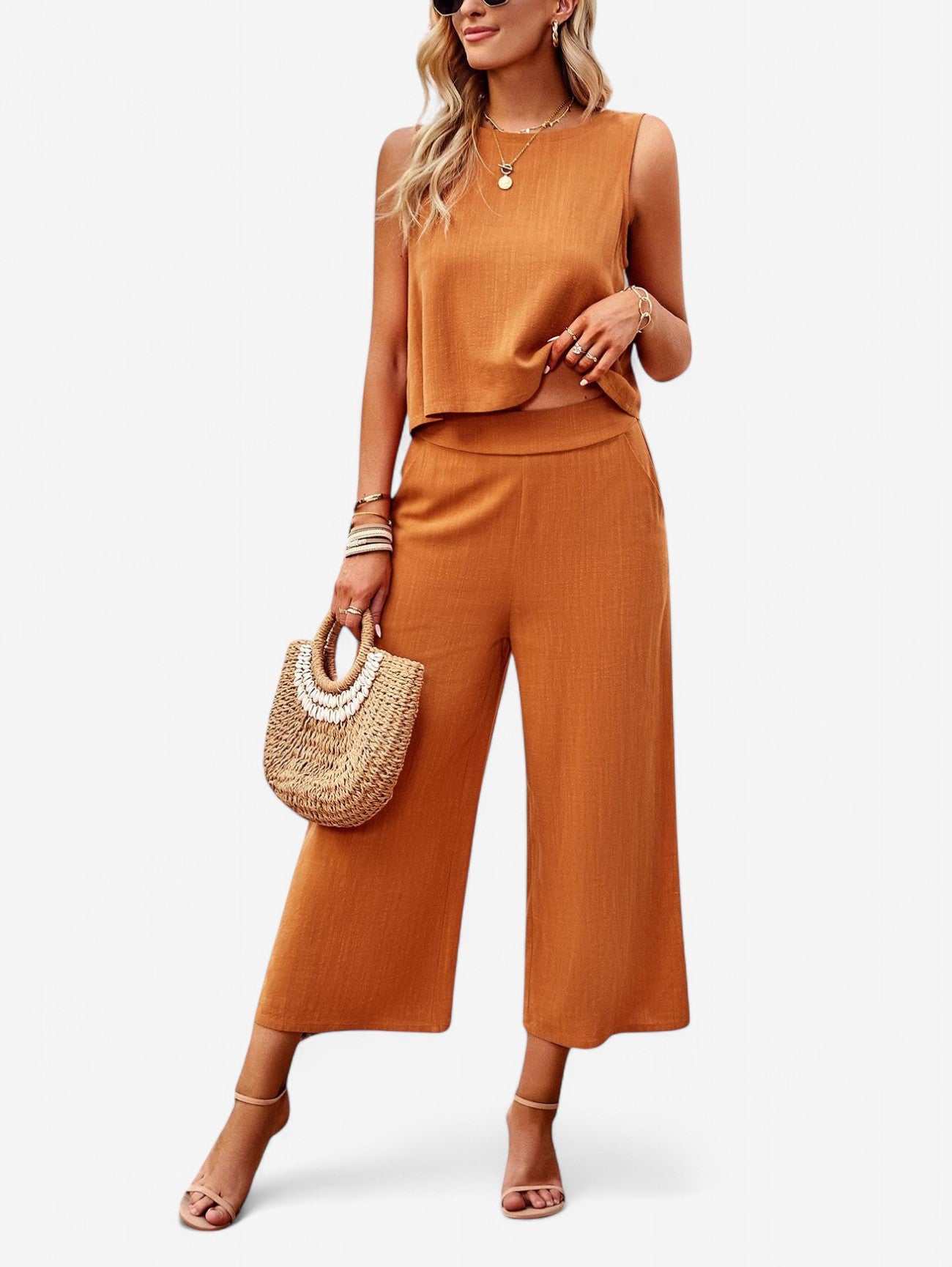 Jada | Women's Sleeveless Crop Top and Wide Pants Summer Outfit Set