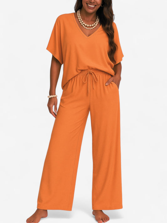 Jada | Women’s Two Piece Soft Lounge Set V Neck Top & Wide Leg Pants