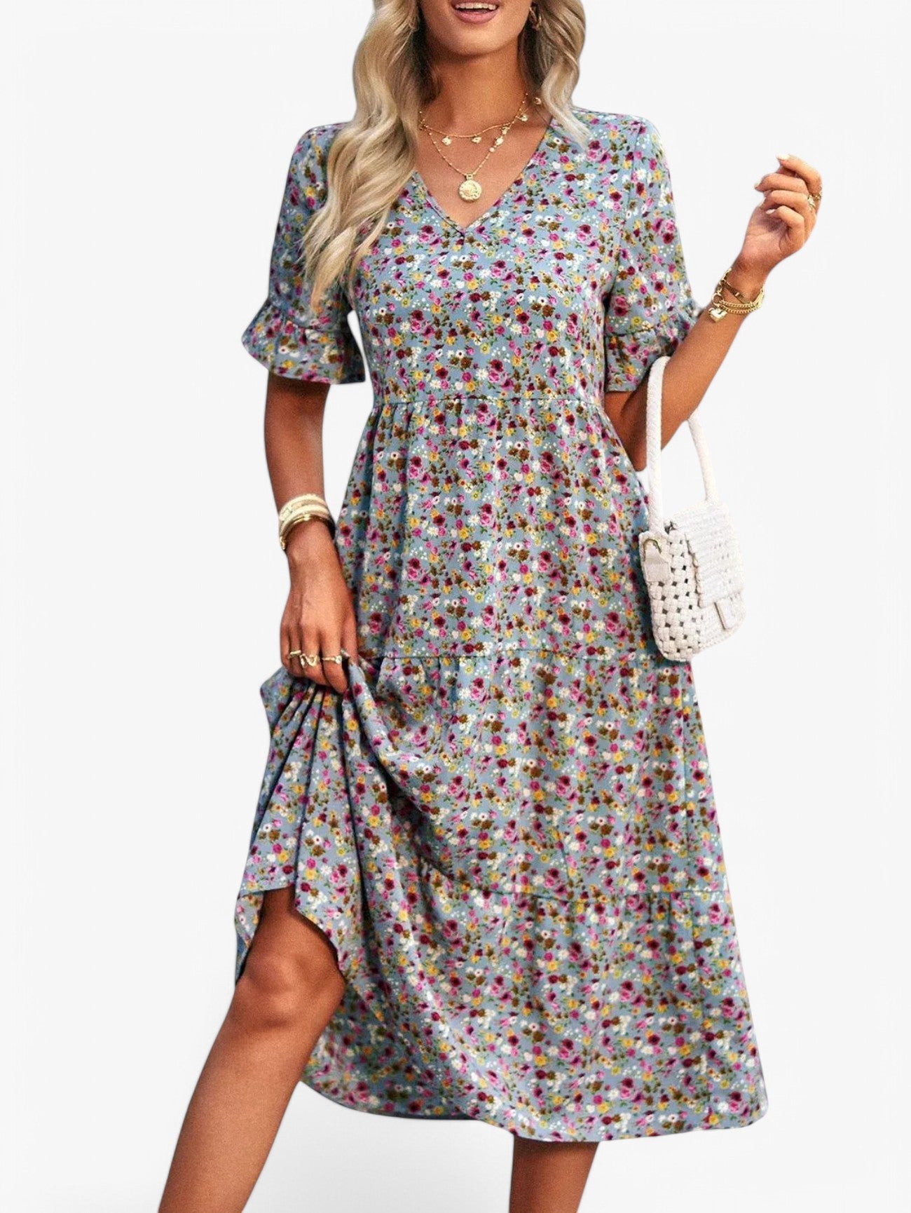 Jada | Women's Fancy Floral V-Neck Short Sleeve Summer Midi Dress