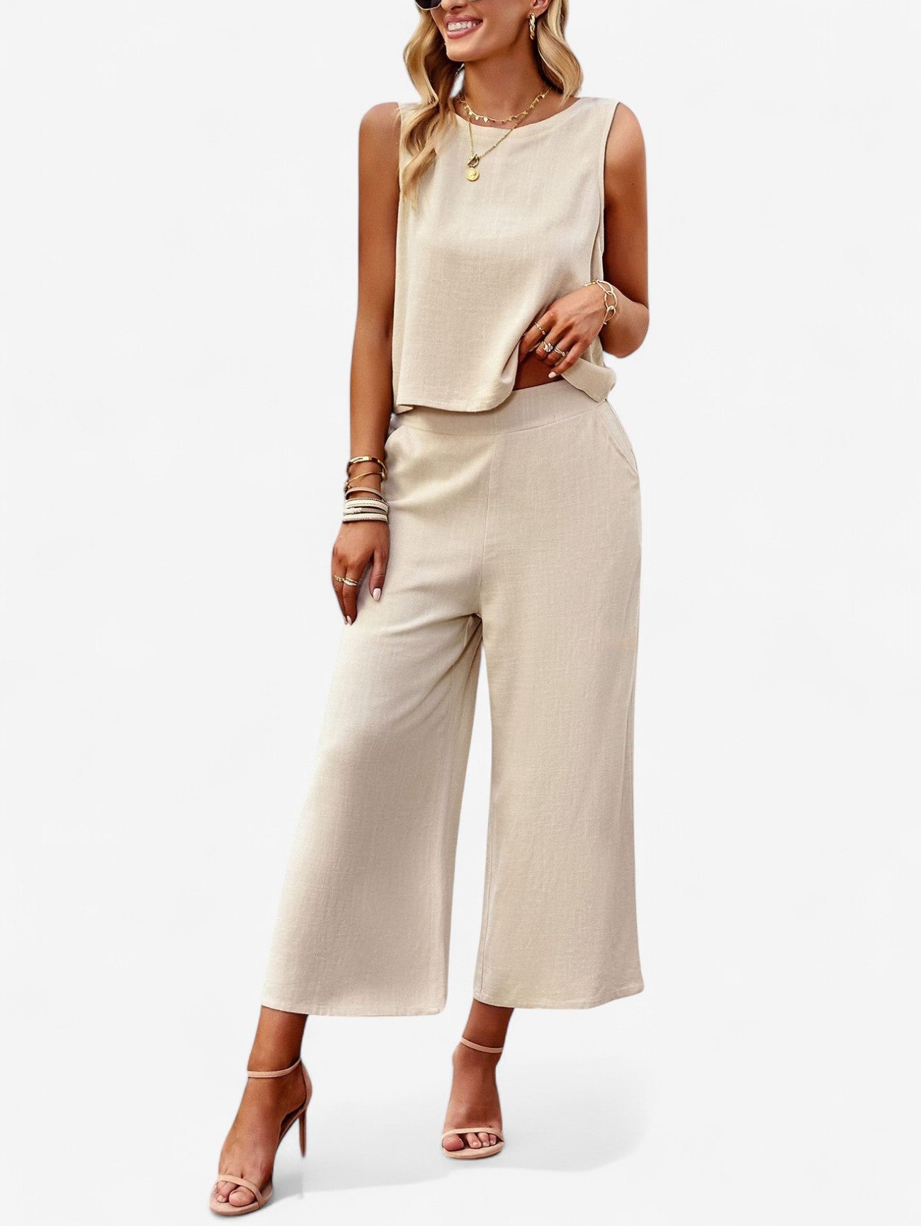 Jada | Women's Sleeveless Crop Top and Wide Pants Summer Outfit Set