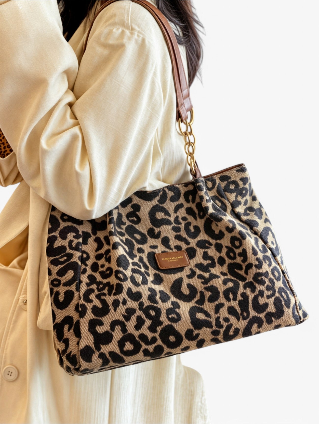 Jada | Women's Leopard Print Shoulder Bag Tote Bag Gold Chain Details