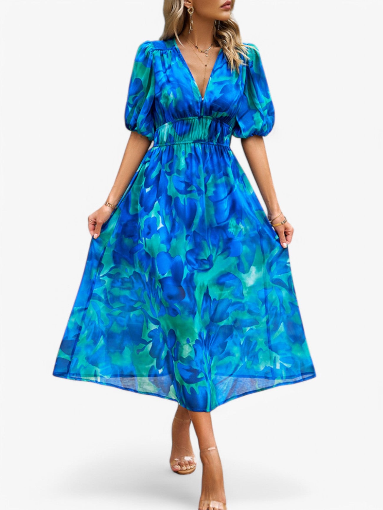 Jada | Women's Floral V-Neck Short Sleeve Summer Midi Dress