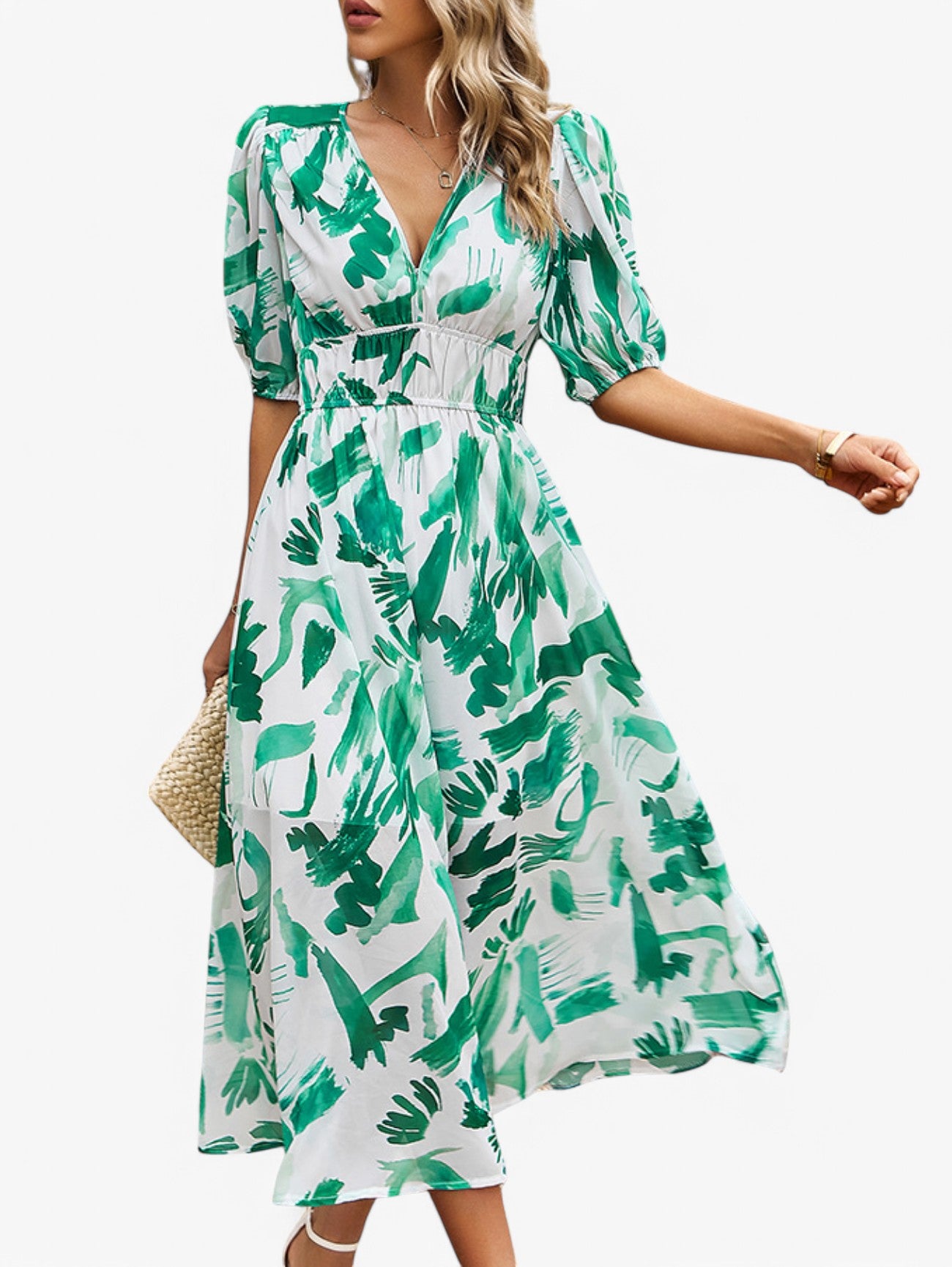 Jada | Women's Floral V-Neck Short Sleeve Summer Midi Dress