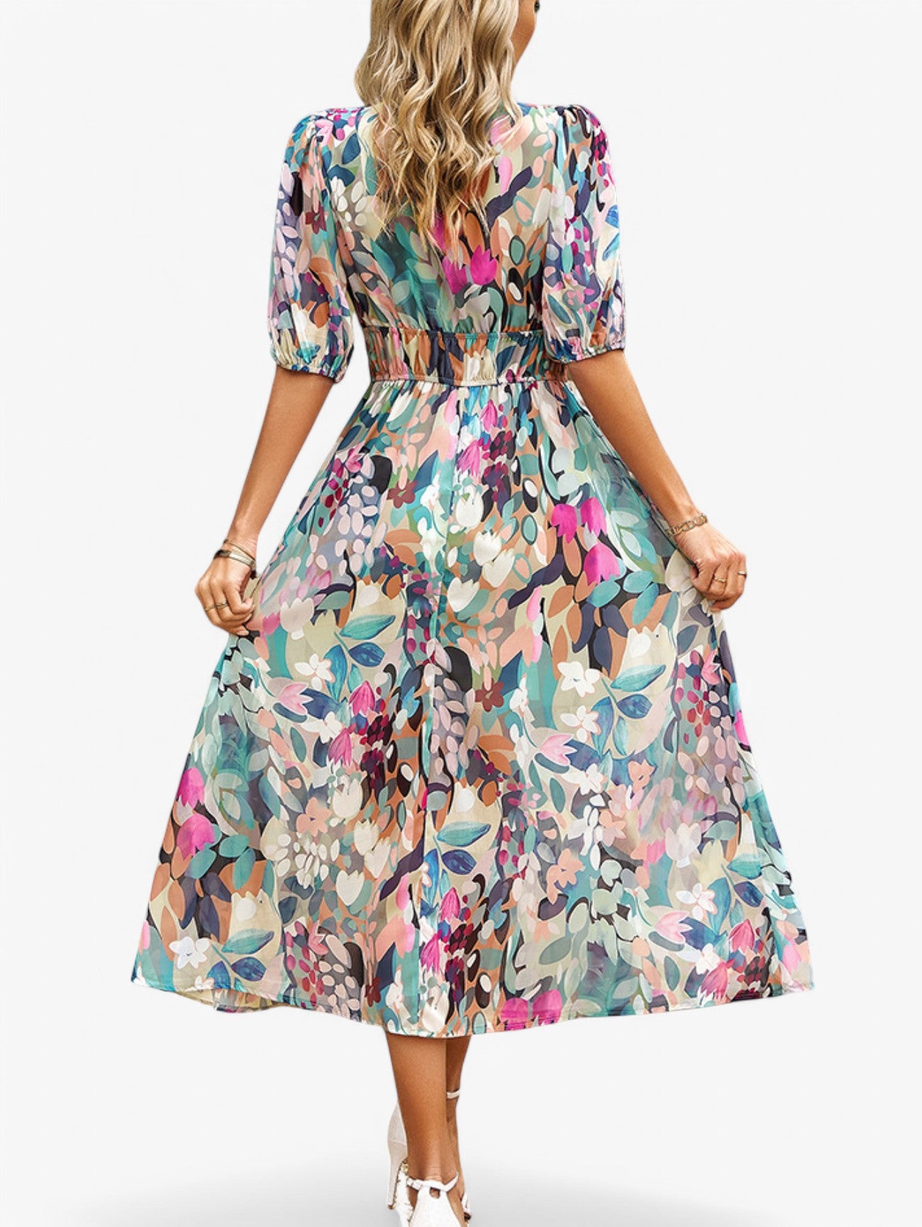 Jada | Women's Floral V-Neck Short Sleeve Summer Midi Dress