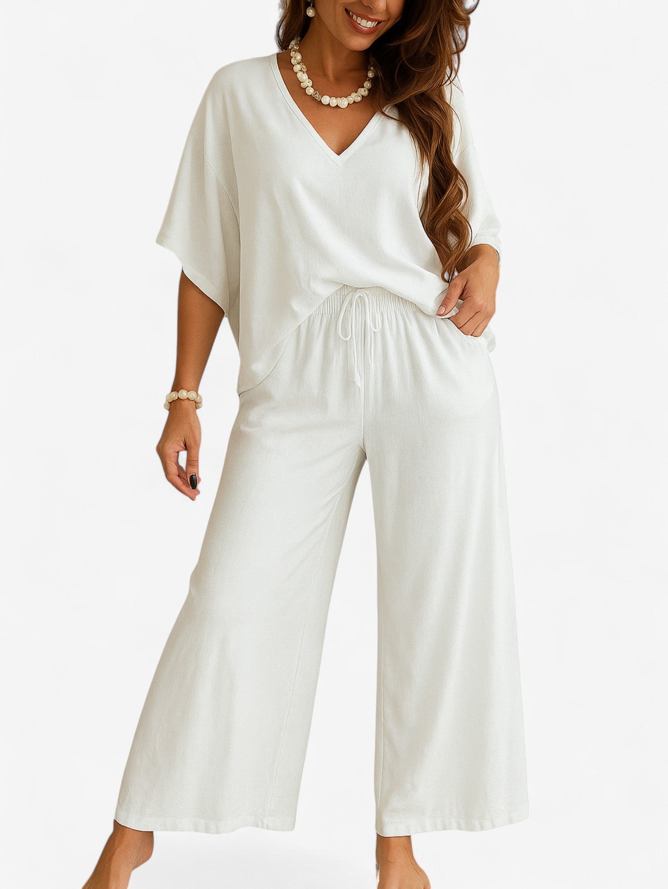Jada | Women’s Two Piece Soft Lounge Set V Neck Top & Wide Leg Pants