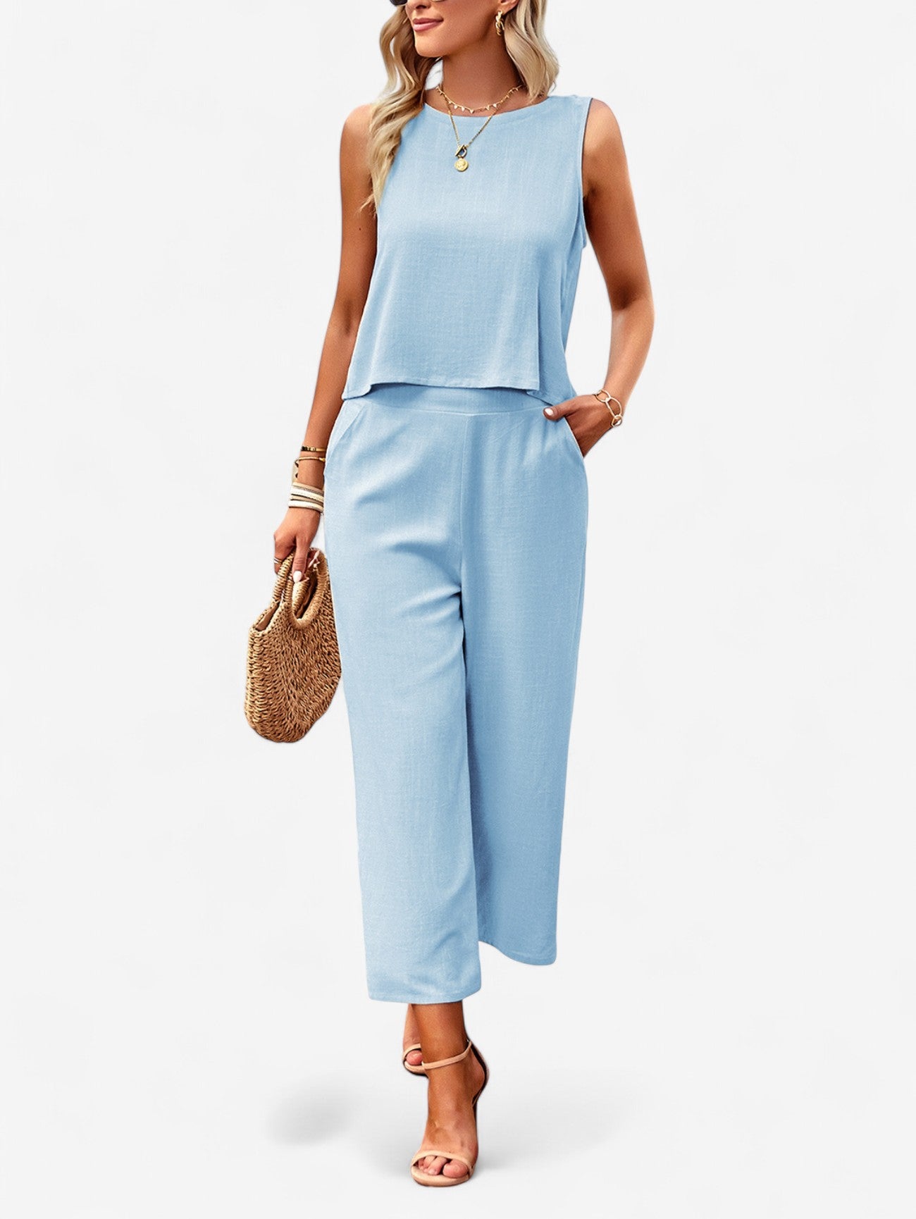 Jada | Women's Sleeveless Crop Top and Wide Pants Summer Outfit Set