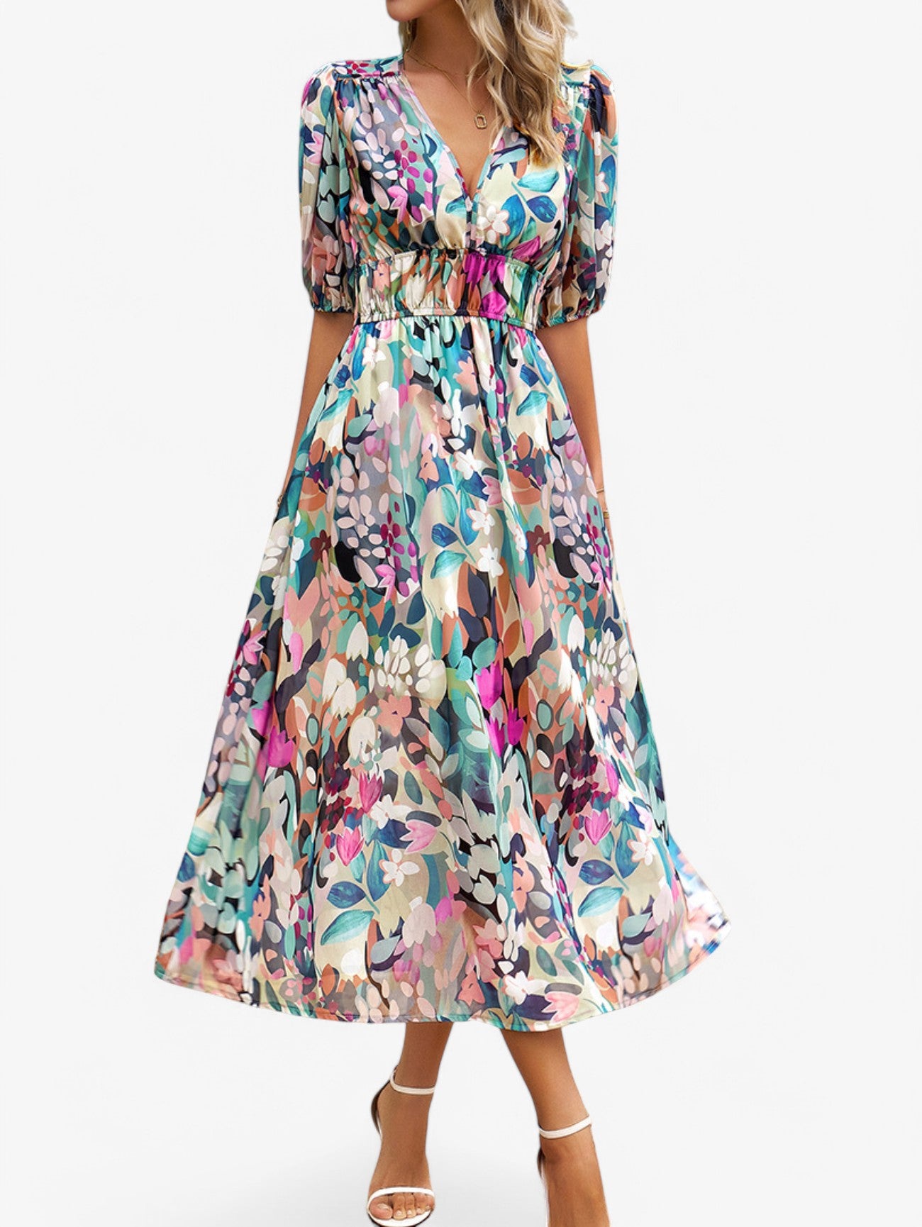 Jada | Women's Floral V-Neck Short Sleeve Summer Midi Dress