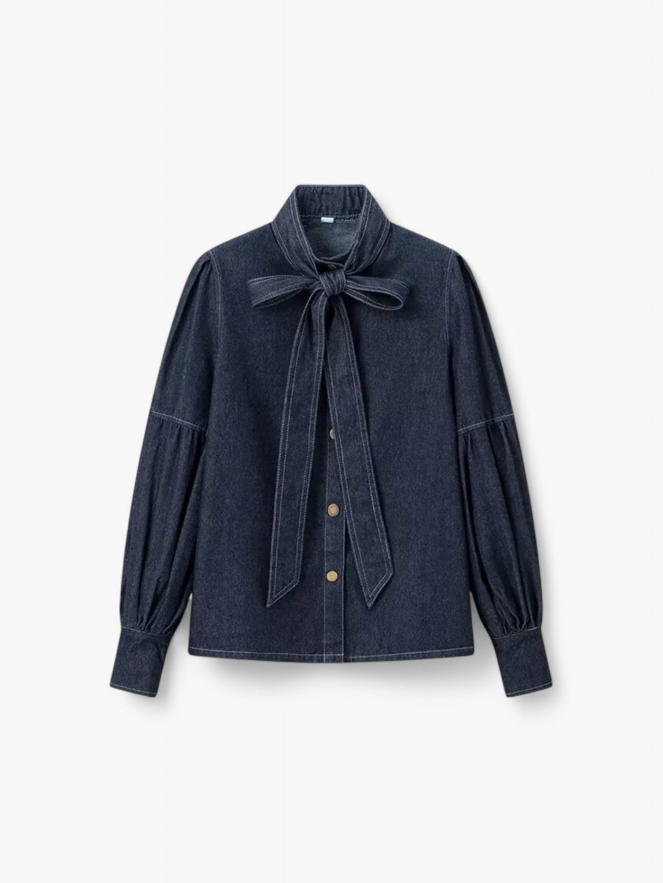 Jada | Women's Denim Button Down Blouse Long Sleeve Bow Tie Neck Shirt
