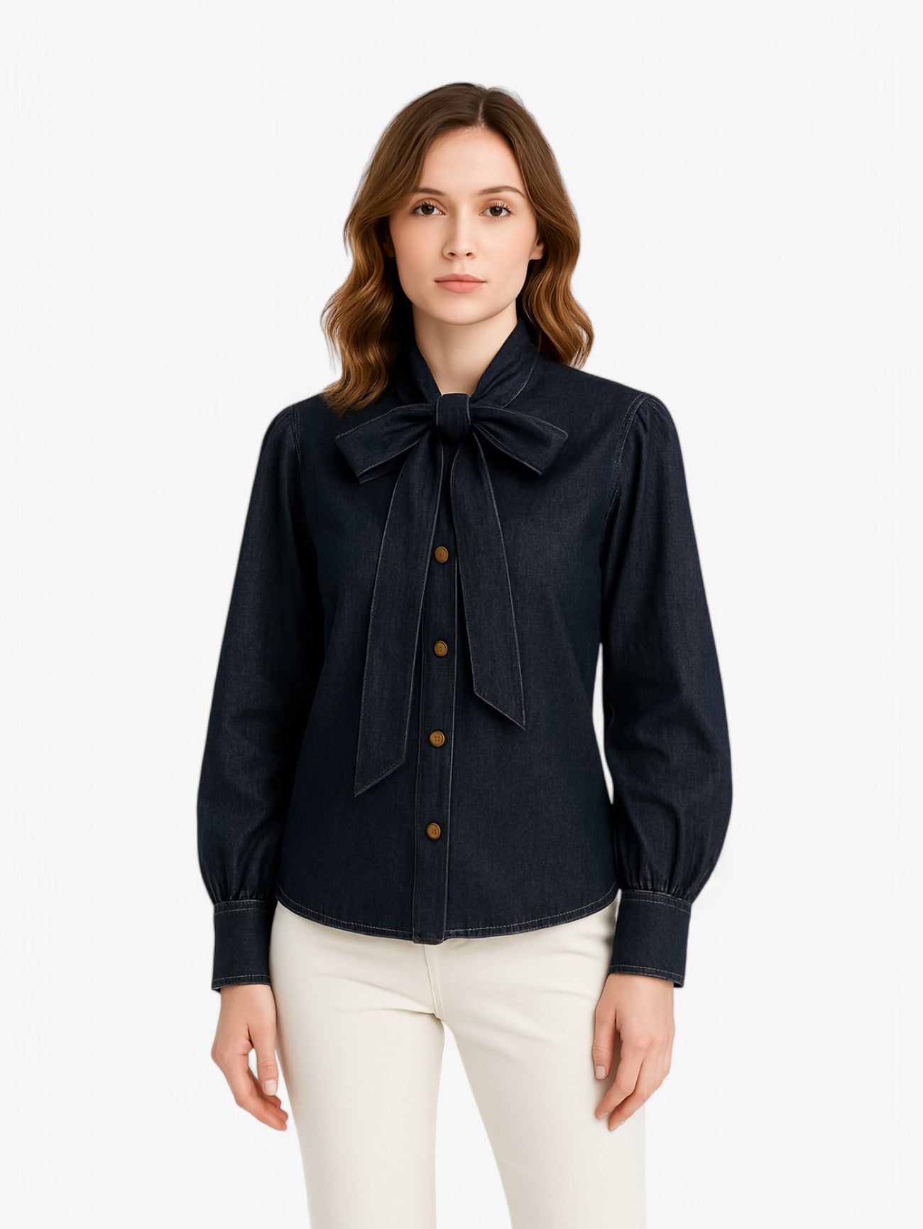 Jada | Women's Denim Button Down Blouse Long Sleeve Bow Tie Neck Shirt