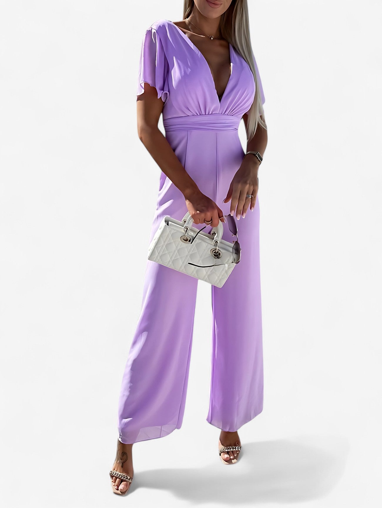Jada | Women’s Casual V Neck Wide Leg Short Sleeve Jumpsuit