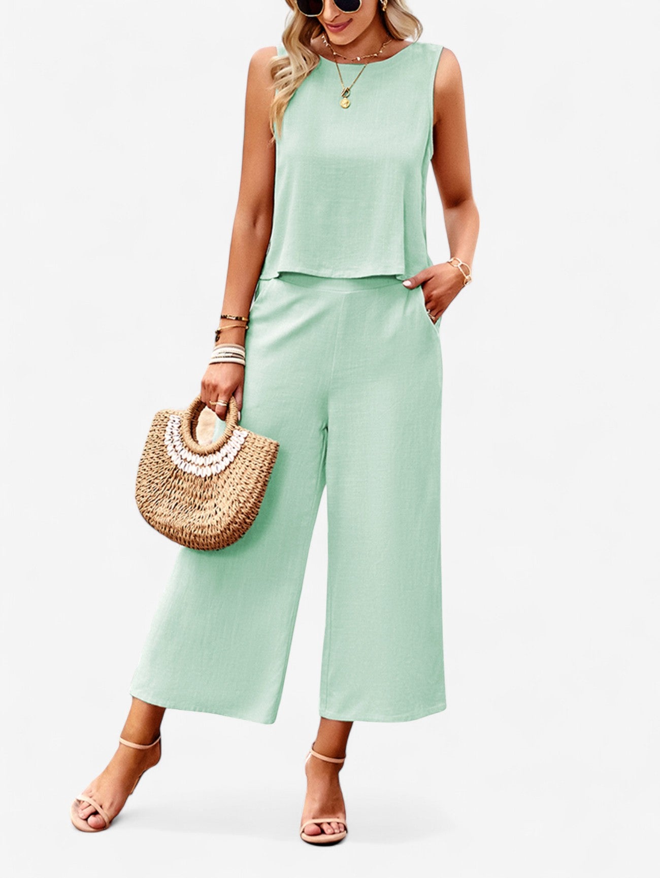 Jada | Women's Sleeveless Crop Top and Wide Pants Summer Outfit Set