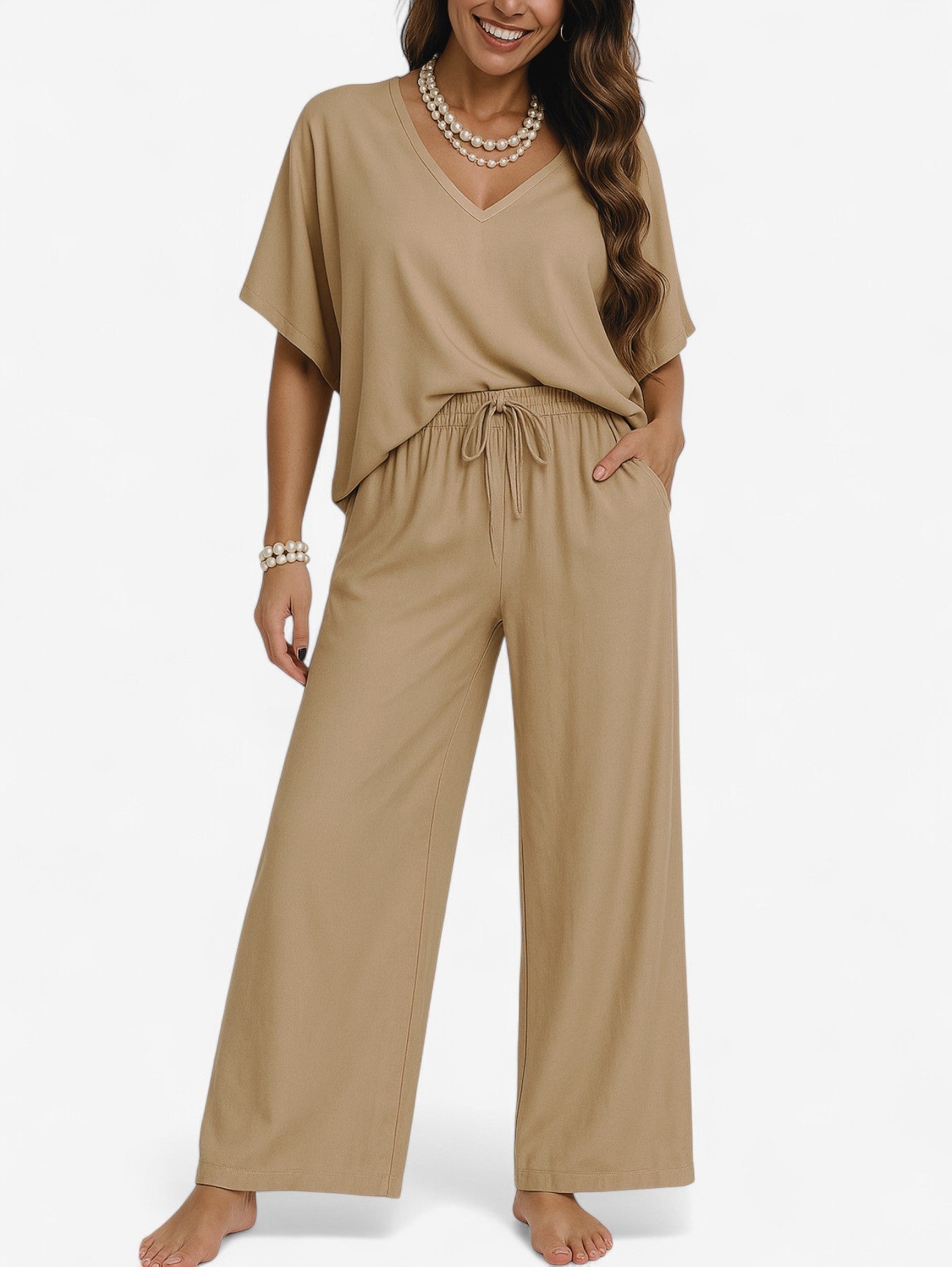 Jada | Women’s Two Piece Soft Lounge Set V Neck Top & Wide Leg Pants