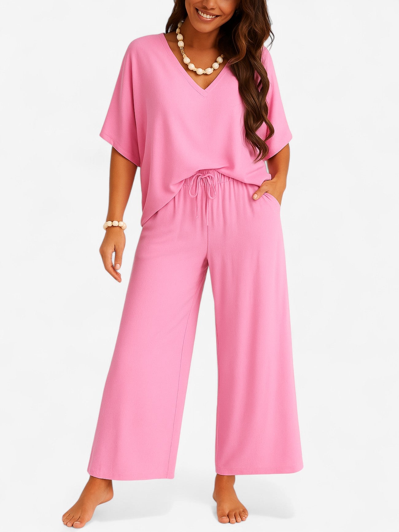 Jada | Women’s Two Piece Soft Lounge Set V Neck Top & Wide Leg Pants