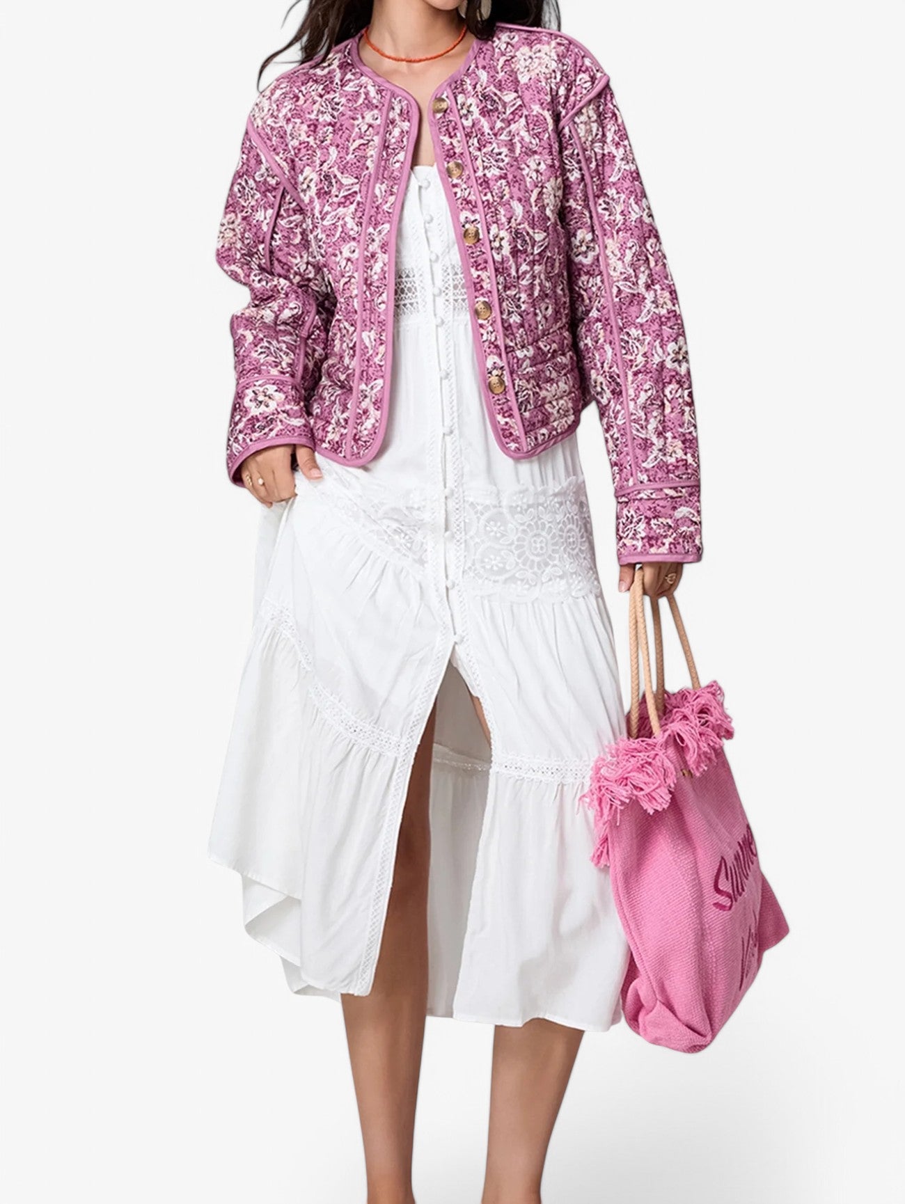 Jada | Women’s Floral Quilted Flower Lightweight Button-Up Puffer Jacket Coat