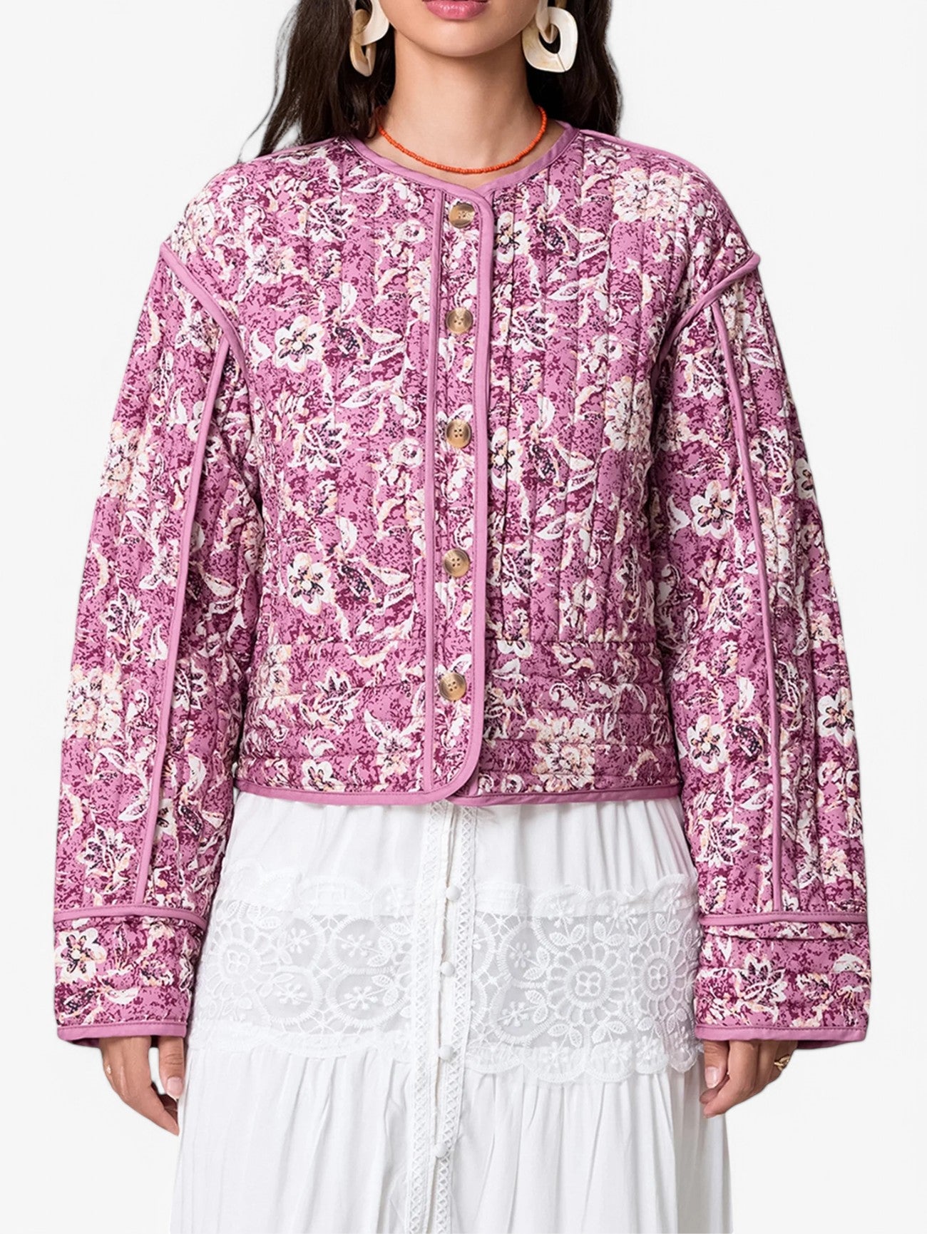 Jada | Women’s Floral Quilted Flower  Button-Up Puffer Jacket Coat