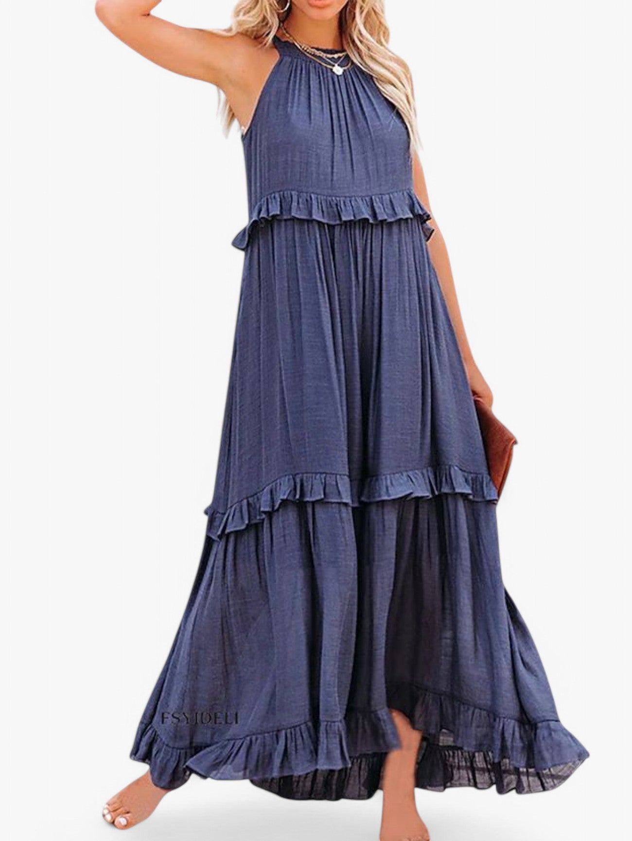 Jada | Women's Sleeveless Halter Neck Pleated Summer Maxi Dress