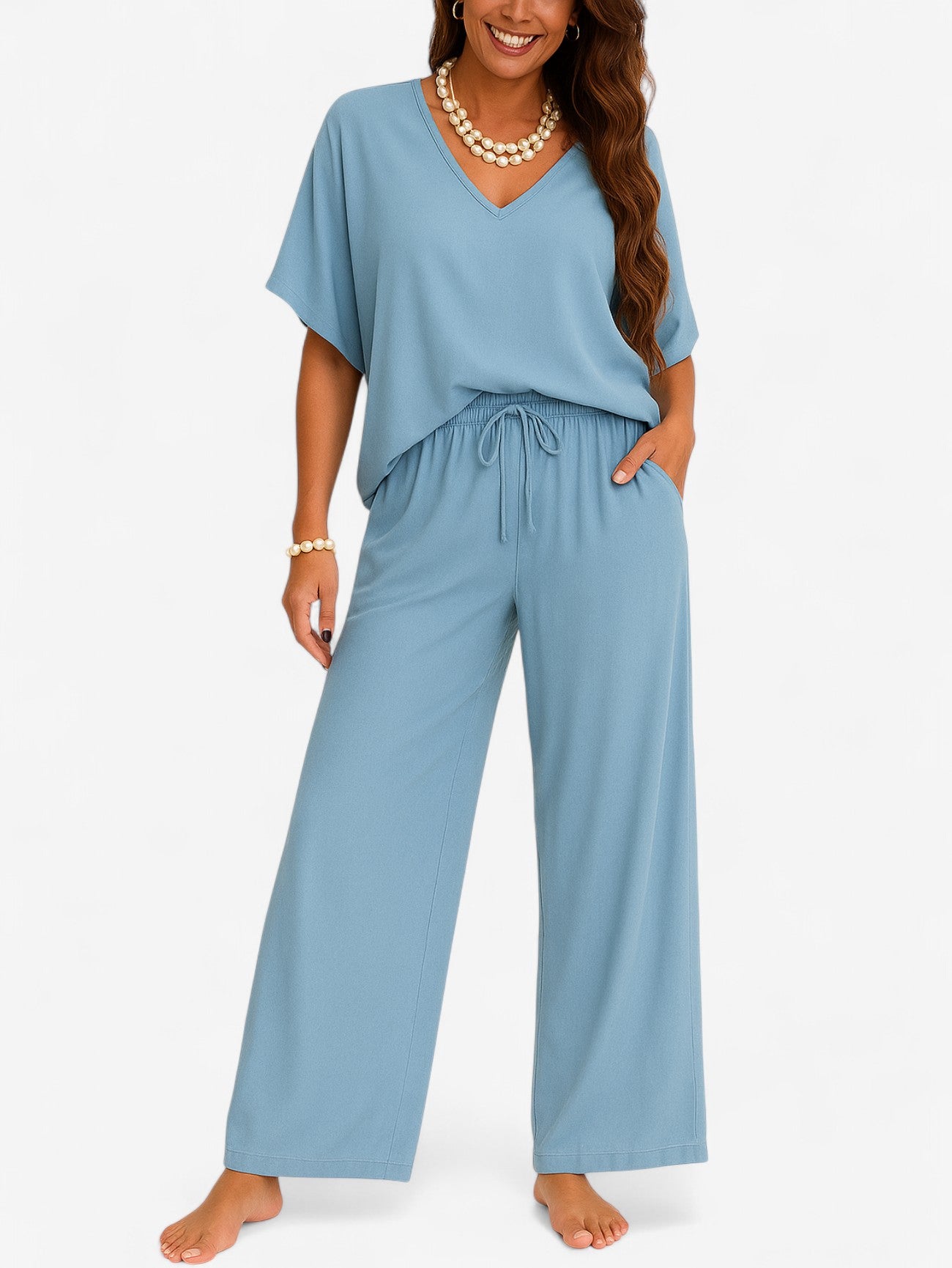 Jada | Women’s Two Piece Soft Lounge Set V Neck Top & Wide Leg Pants