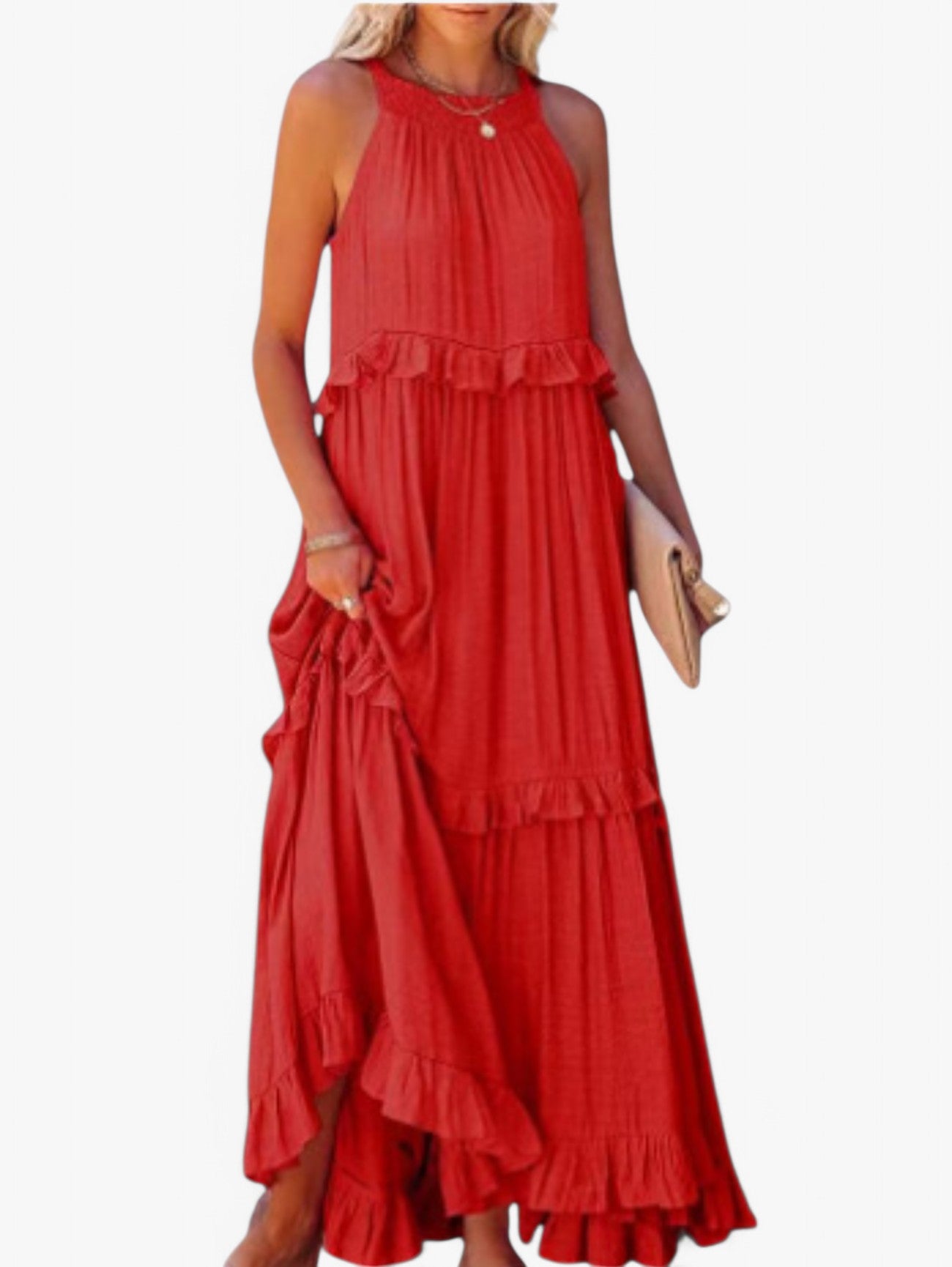Jada | Women's Sleeveless Halter Neck Pleated Summer Maxi Dress