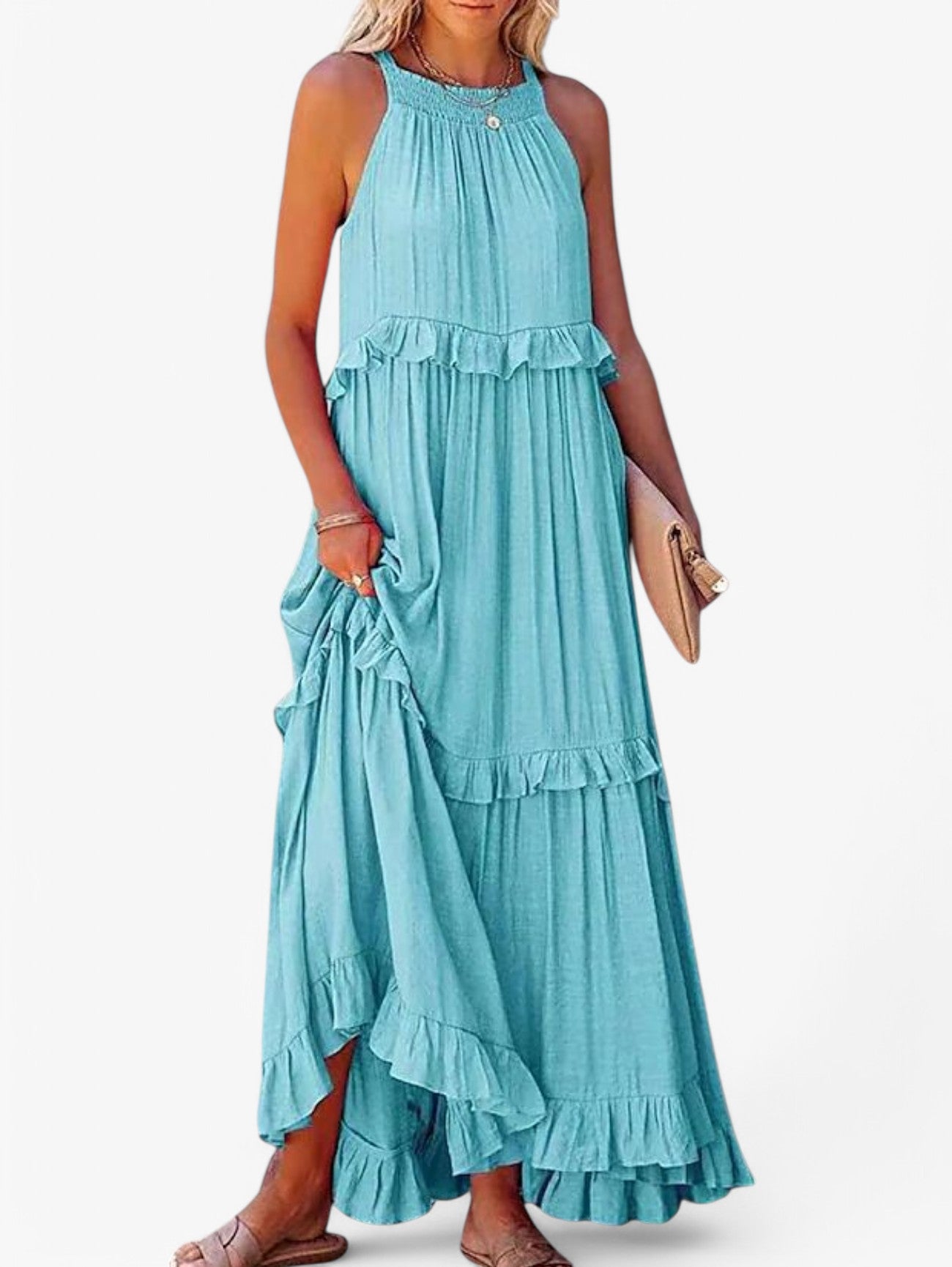 Jada | Women's Sleeveless Halter Neck Pleated Summer Maxi Dress