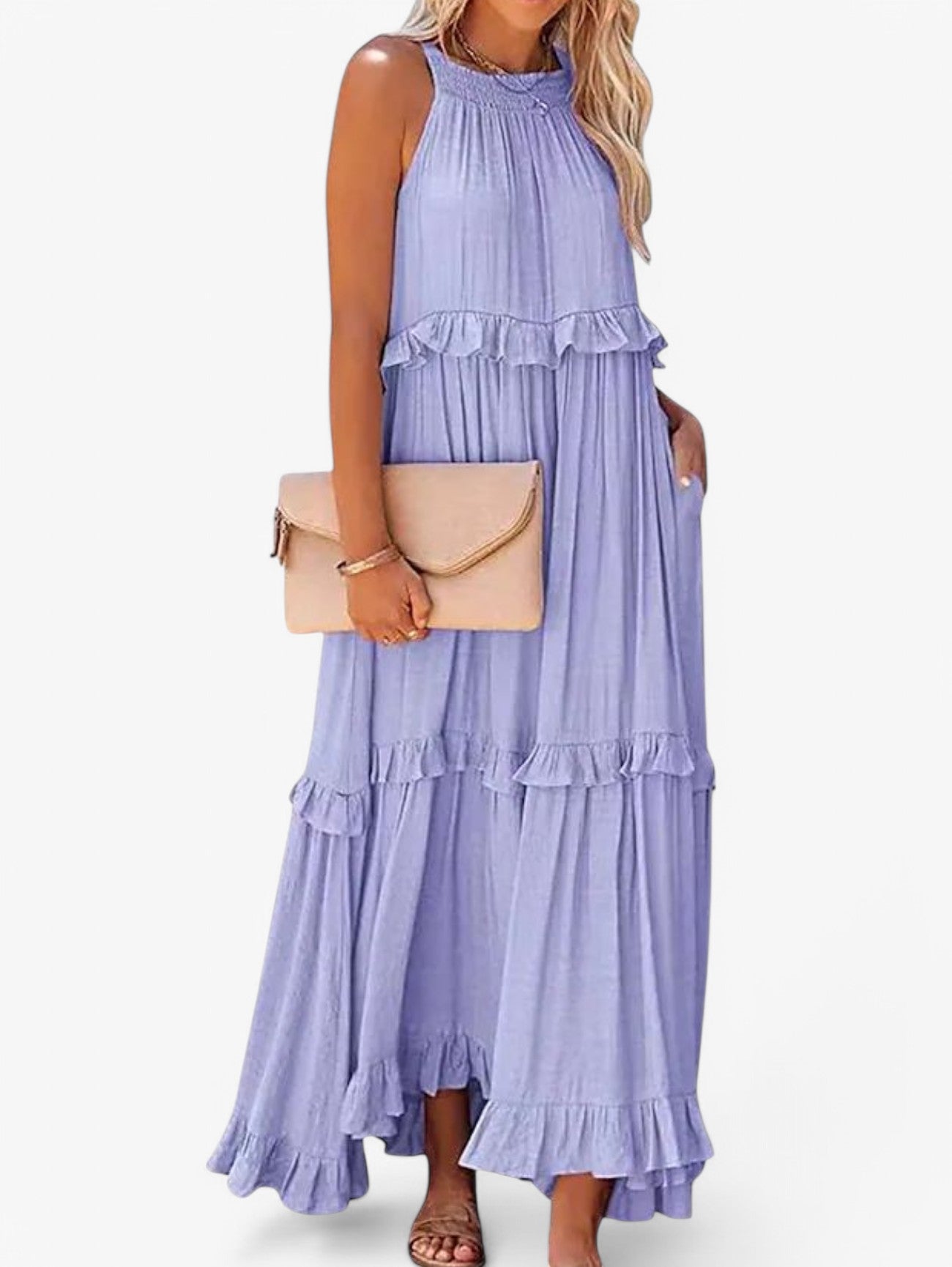 Jada | Women's Sleeveless Halter Neck Pleated Summer Maxi Dress